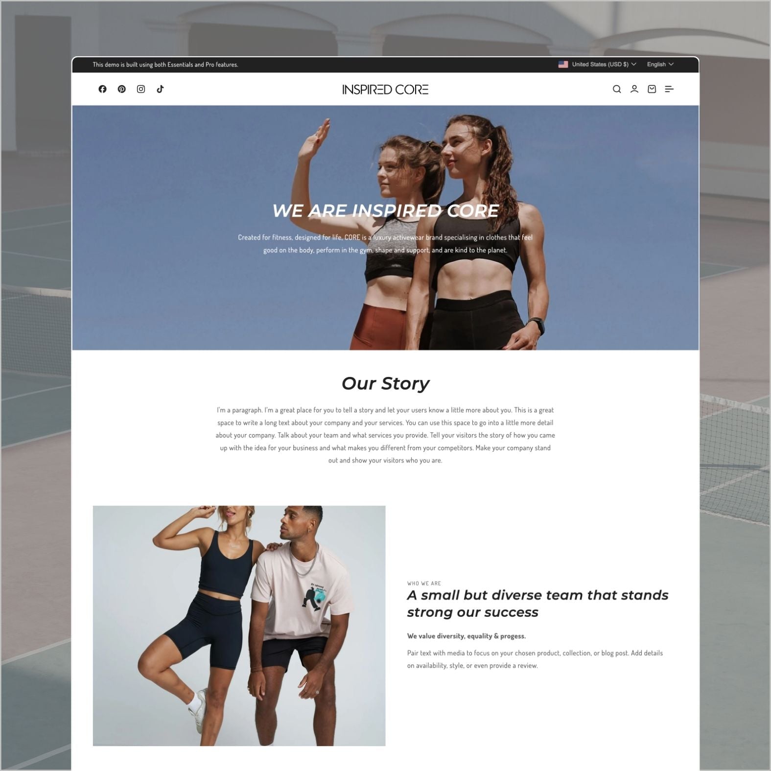Core theme about page for an activewear brand with dynamic fitness imagery, brand mission focused on performance, team photo, and bold modern typography