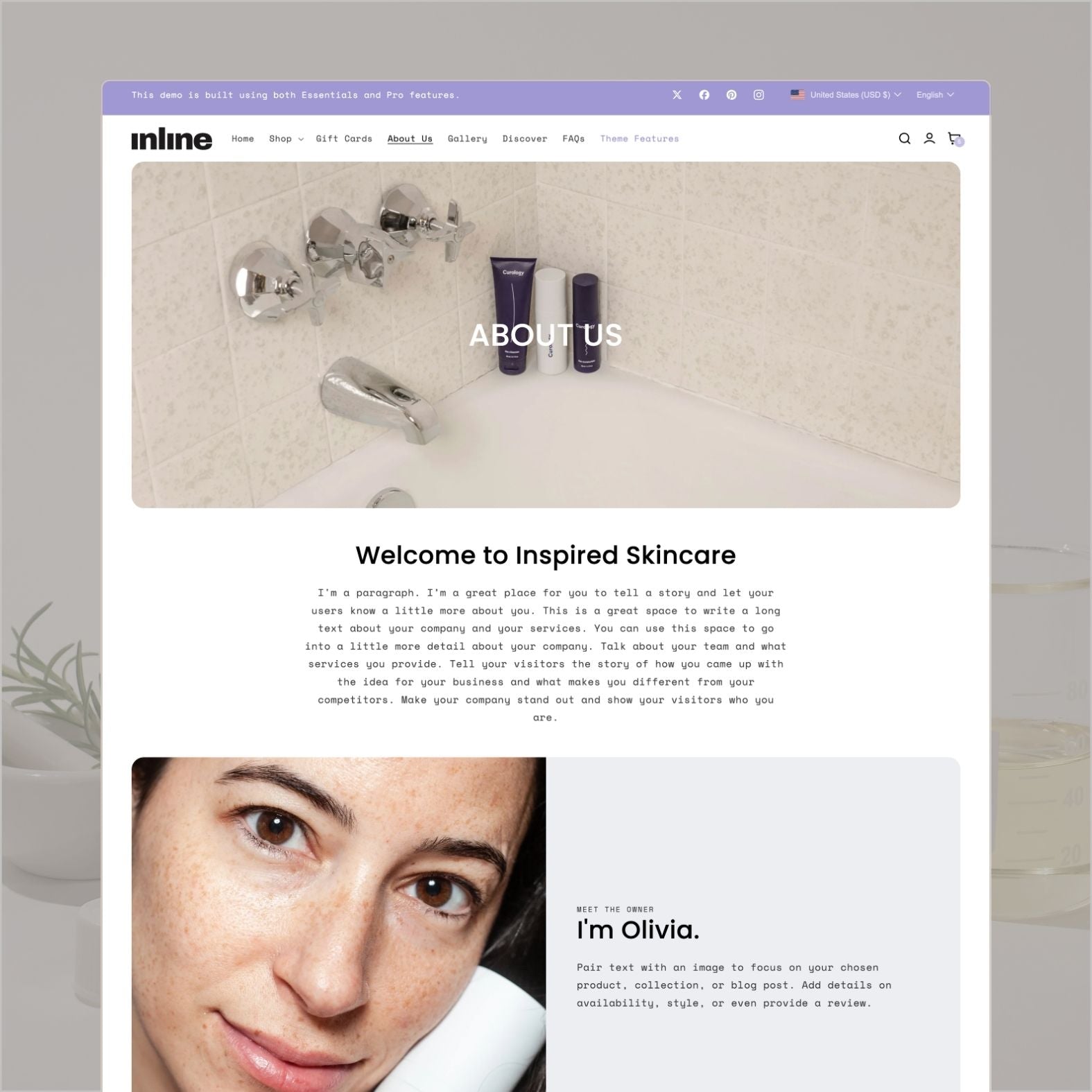 Inline theme about page for a personalized skincare brand with lavender-toned imagery, science-backed formulation story, team portraits, and clean modern aesthetic