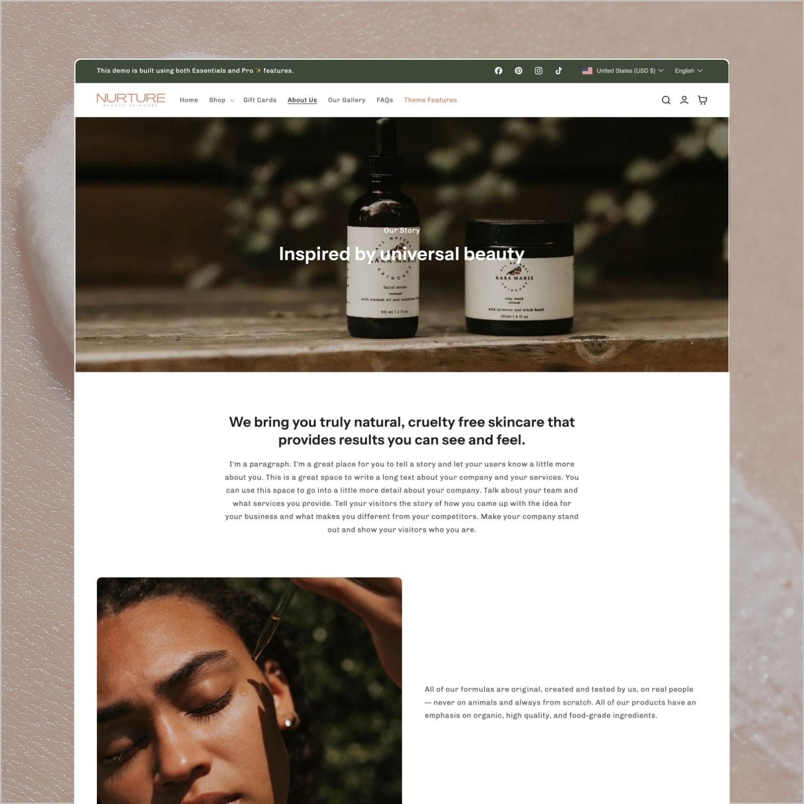 Nurture theme about page titled 'Inspired by universal beauty' with dark product hero image, brand philosophy about natural cruelty-free skincare, close-up portrait, and organic ingredient emphasis