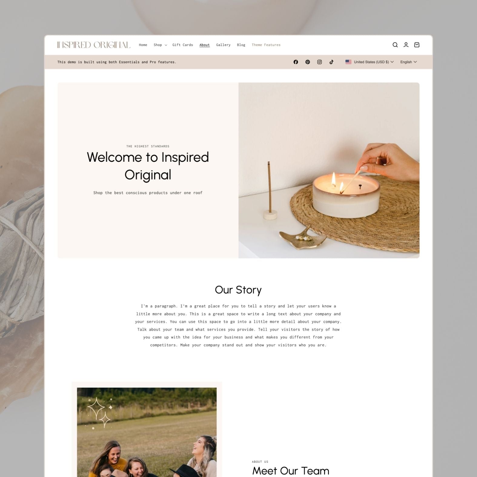 Original theme about page titled 'Welcome to Inspired Original' with candle-lighting lifestyle image, 'Our Story' narrative about conscious products, and 'Meet Our Team' group photo section