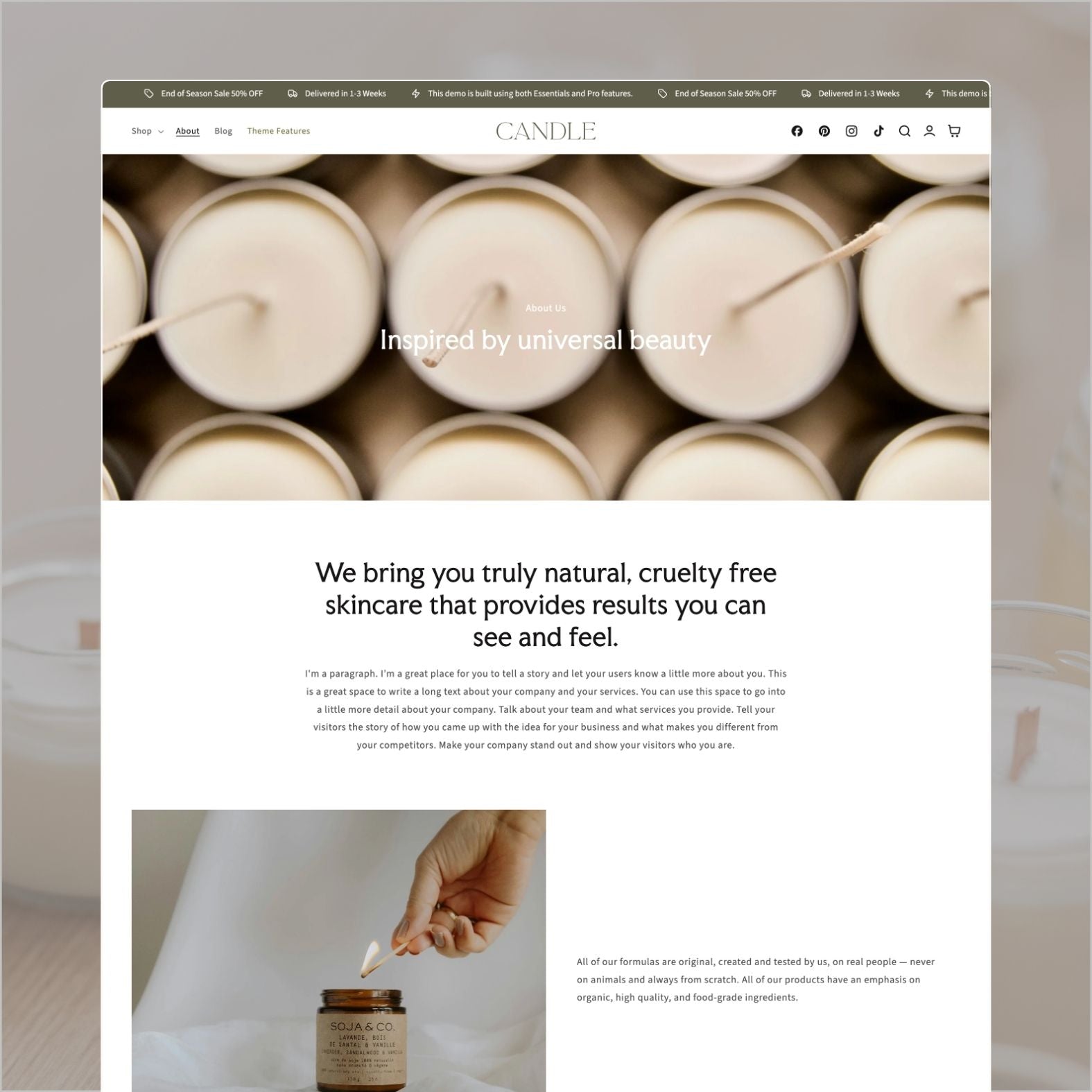 Candle theme about page telling the story of a handcrafted candle brand with workshop imagery, ingredient sourcing details, and artisan philosophy