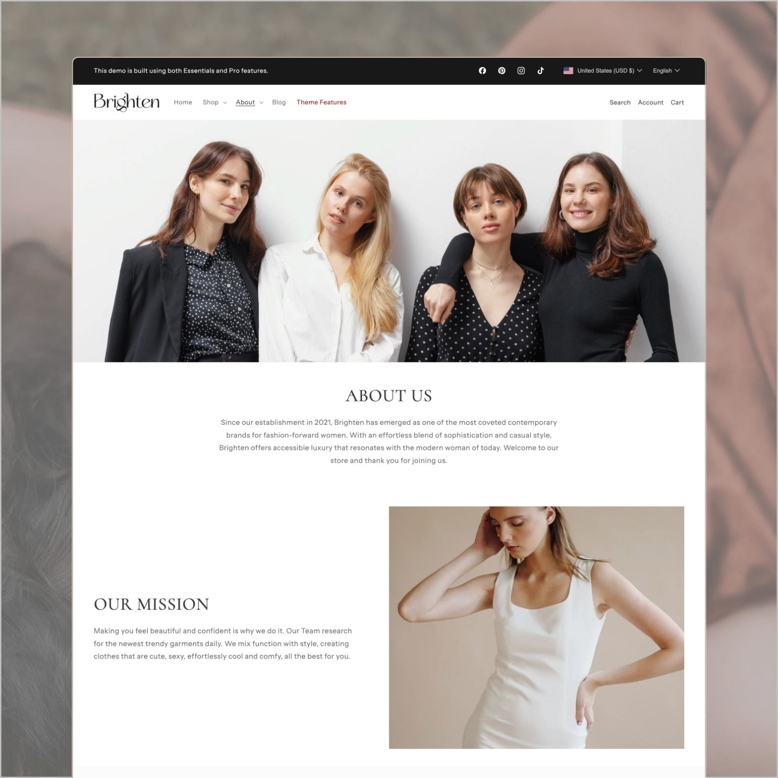 Brighten theme about page for a women's fashion brand with sophisticated editorial imagery, brand story, team introduction, and minimalist layout