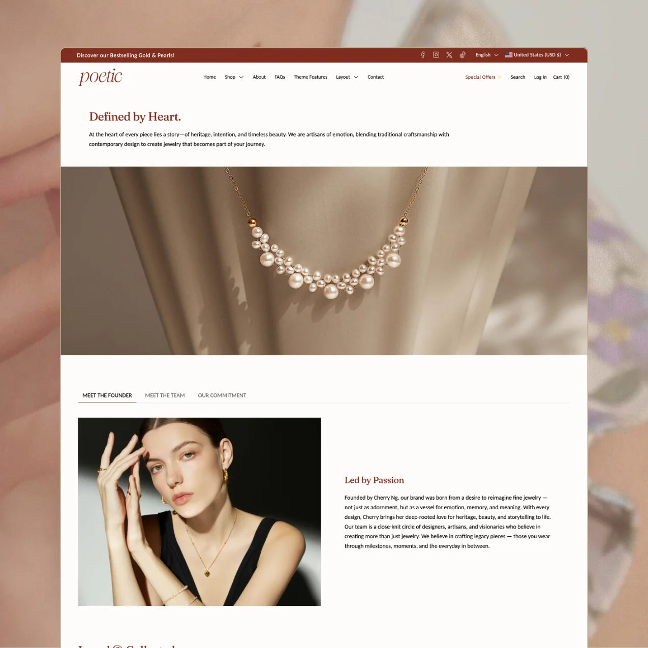 Poetic theme About Us page with a "Defined by Heart" heading, a pearl necklace image, and tabbed sections for Meet the Founder and Our Commitment