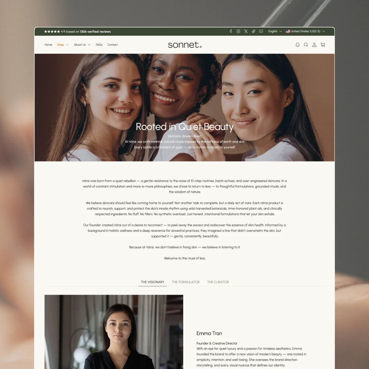 Sonnet theme About Us page with a "Rooted in Natural Beauty" heading, a group photo of diverse models, and a founder story section featuring Emma Tran
