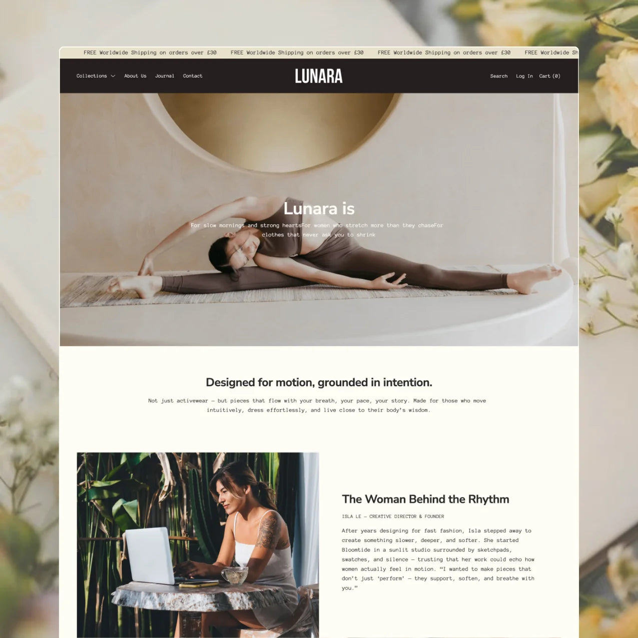 Lunara theme About Us page with a "Designed for motion, grounded in intention" heading, a yoga pose image, and The Woman Behind the Rhythm founder story