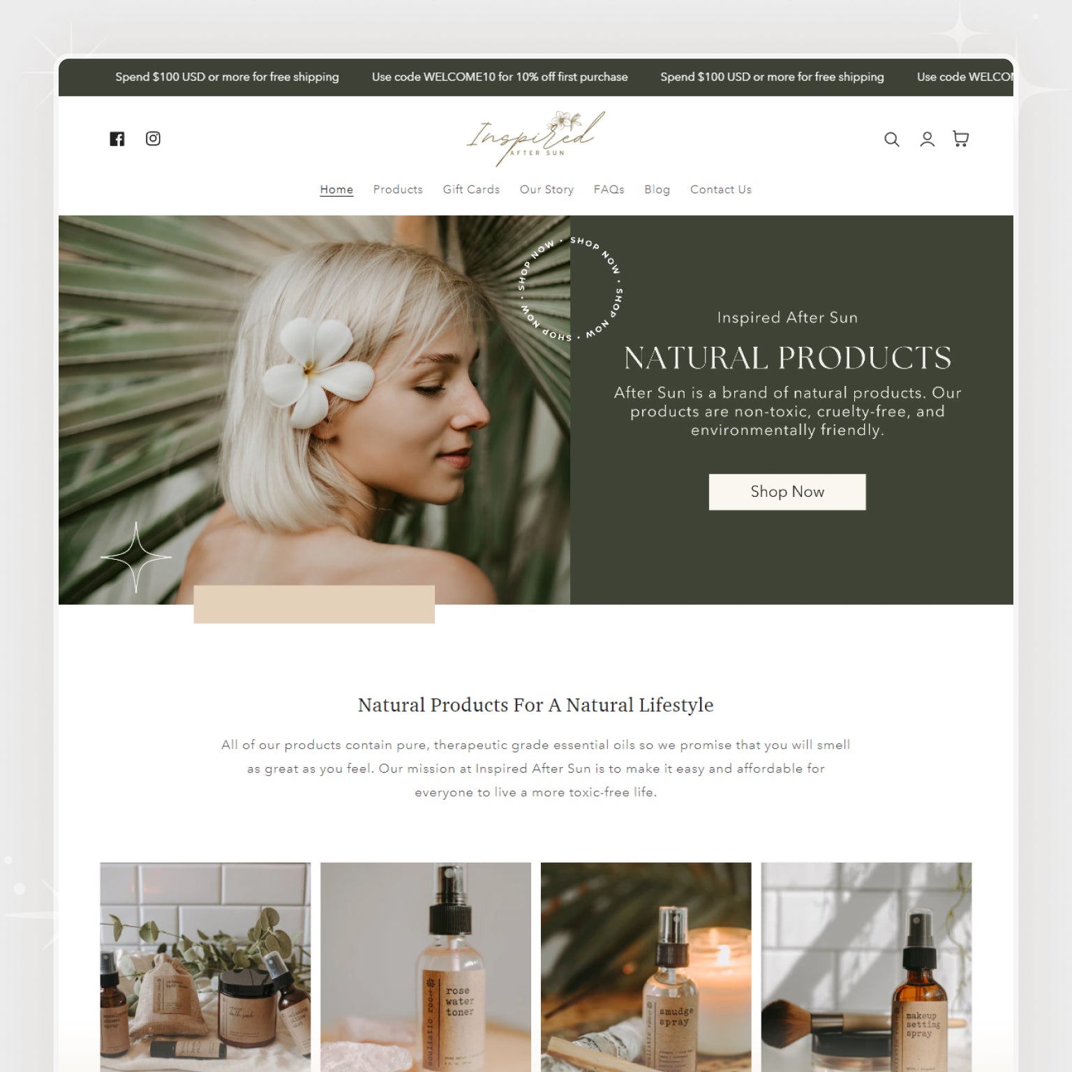 Shopify theme display featuring a website layout for a beauty and skincare brand, with images of a woman, plants, and skincare products.