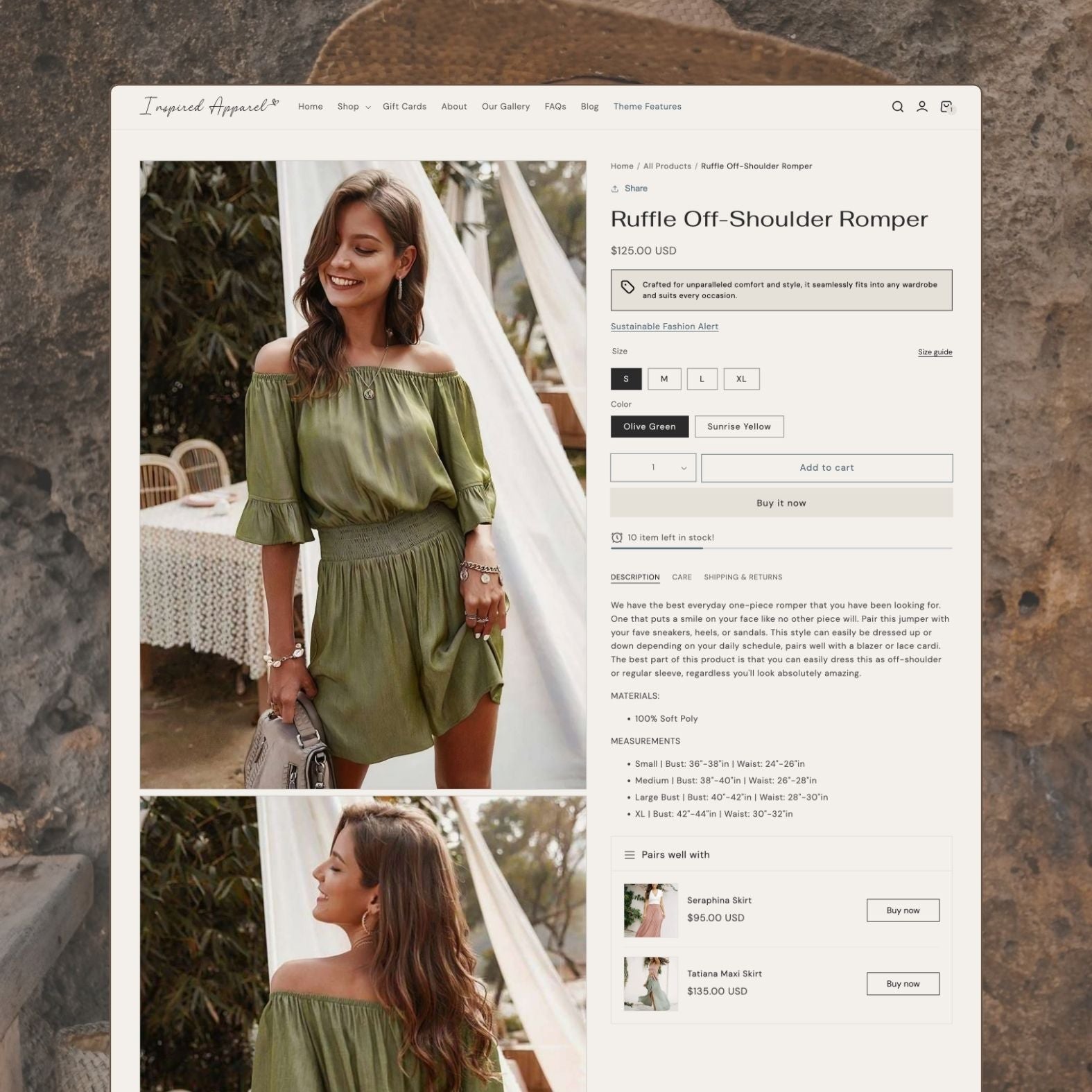 Apparel theme product page showing a women's clothing item with size options, model photos, add-to-cart button, and product details in a warm neutral color palette