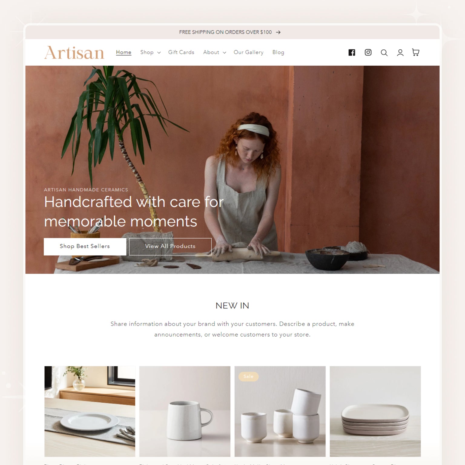 Shopify theme showcase featuring a craft business with handcrafted products displayed on the website interface.