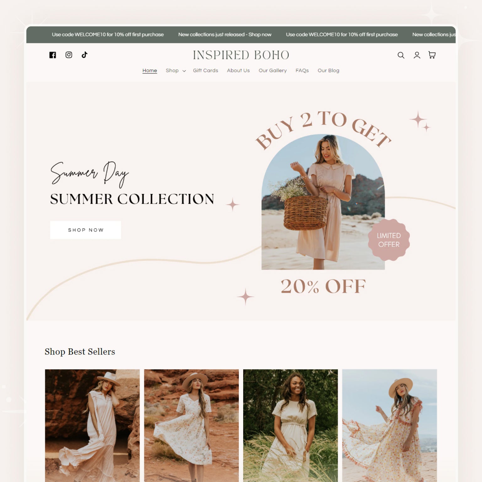 Shopify theme showcase page featuring a Boho-styled Boutique theme with images of clothing and a promotional sale banner.