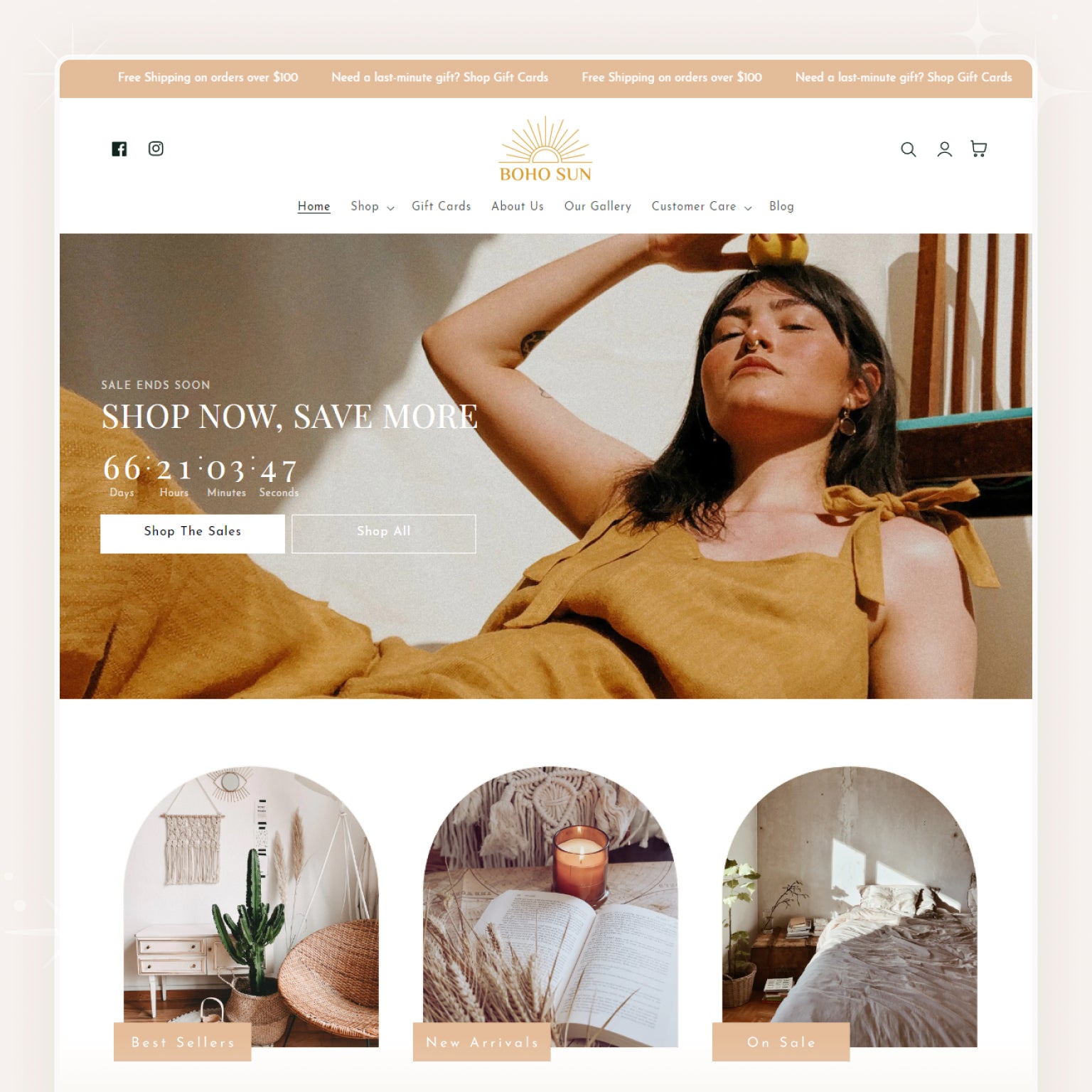 Shopify theme showcase page with a boho aesthetic, featuring a woman in a yellow dress sitting in a relaxed pose, and categories for shop, about, contact, and blog.