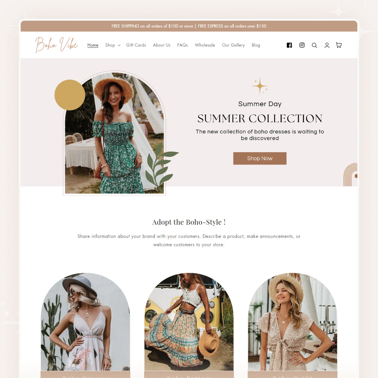 Shopify theme demo for a bohemian fashion boutique called Boho Vibe, featuring models in flowy summer dresses, headline “Summer Collection,” and sections showcasing boho-style outfits and accessories.