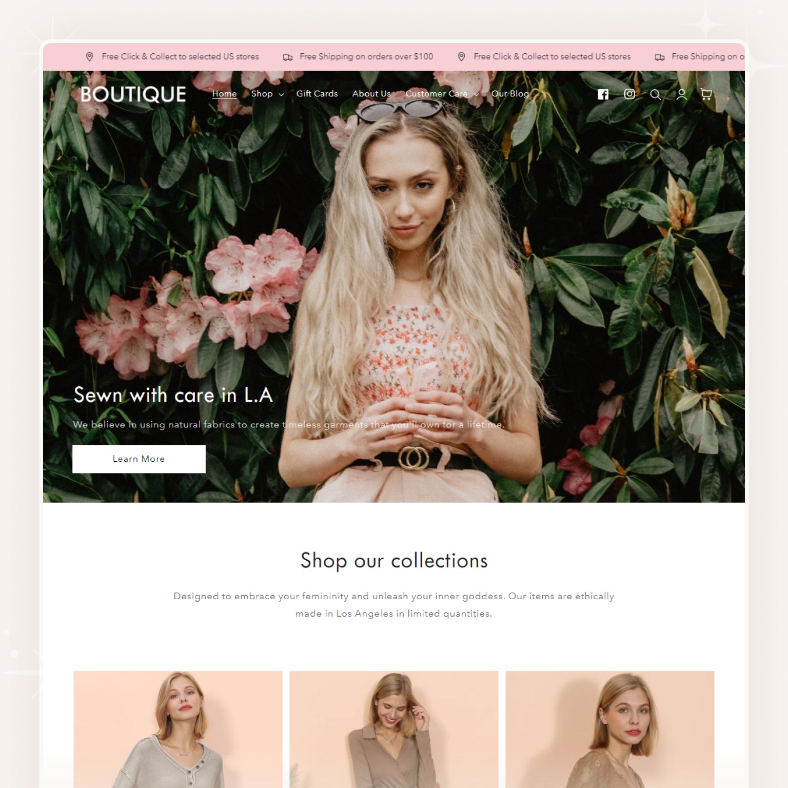 Shopify theme showcase featuring a fashion boutique website template with a female model displaying clothing items.