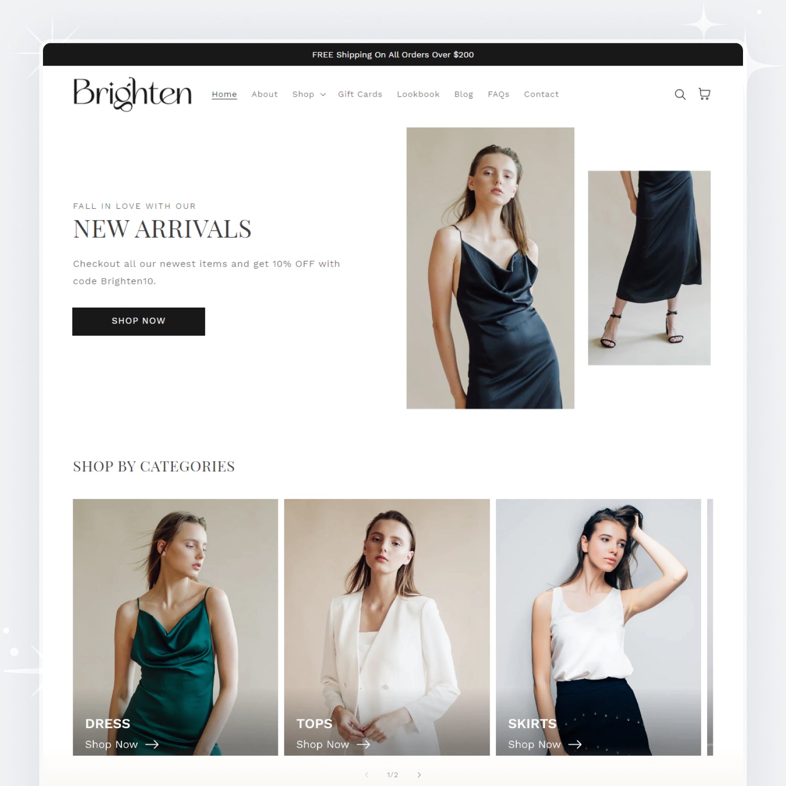 A screenshot of the Brighten Shopify theme, showcasing a luxury fashion website layout with sections for new arrivals and categories such as dresses, tops, and shorts.