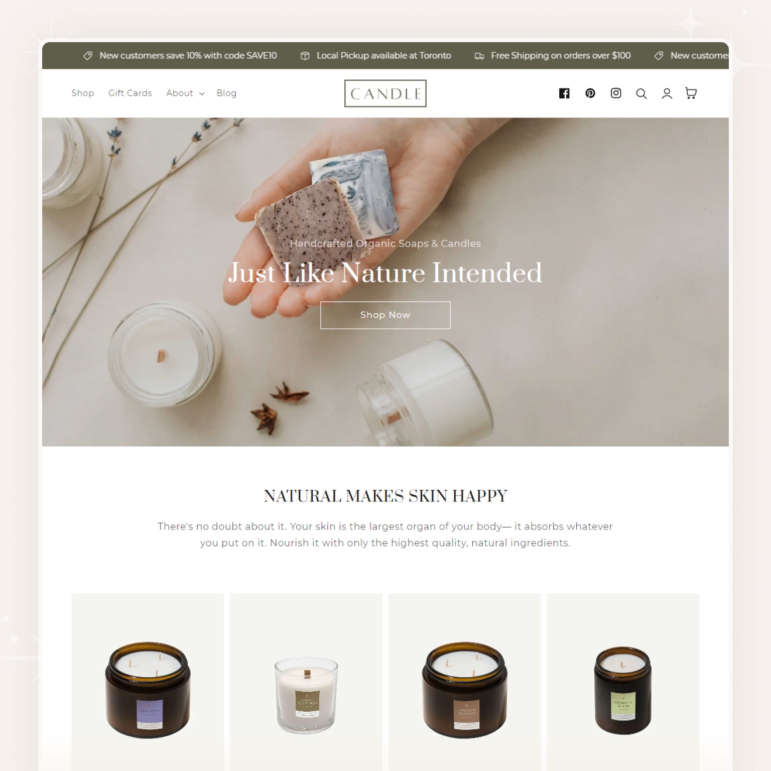 Shopify theme interface for a beauty and skincare store, featuring a candle product.