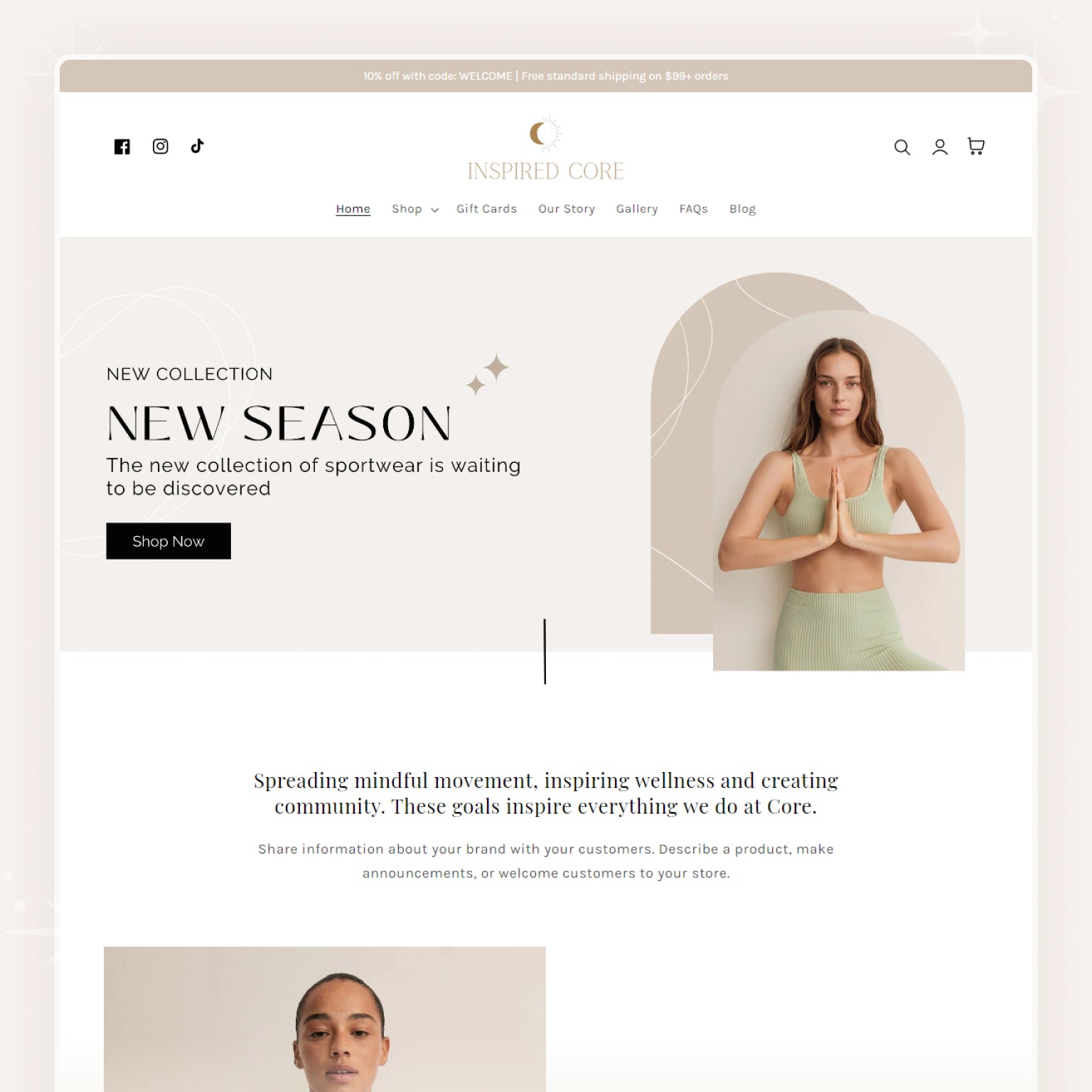 Shopify theme demo for an activewear and wellness brand called Inspired Core, featuring minimalist beige design, banner with model in yoga pose, headline “New Season – New Collection,” and sections promoting mindful movement and sportwear.