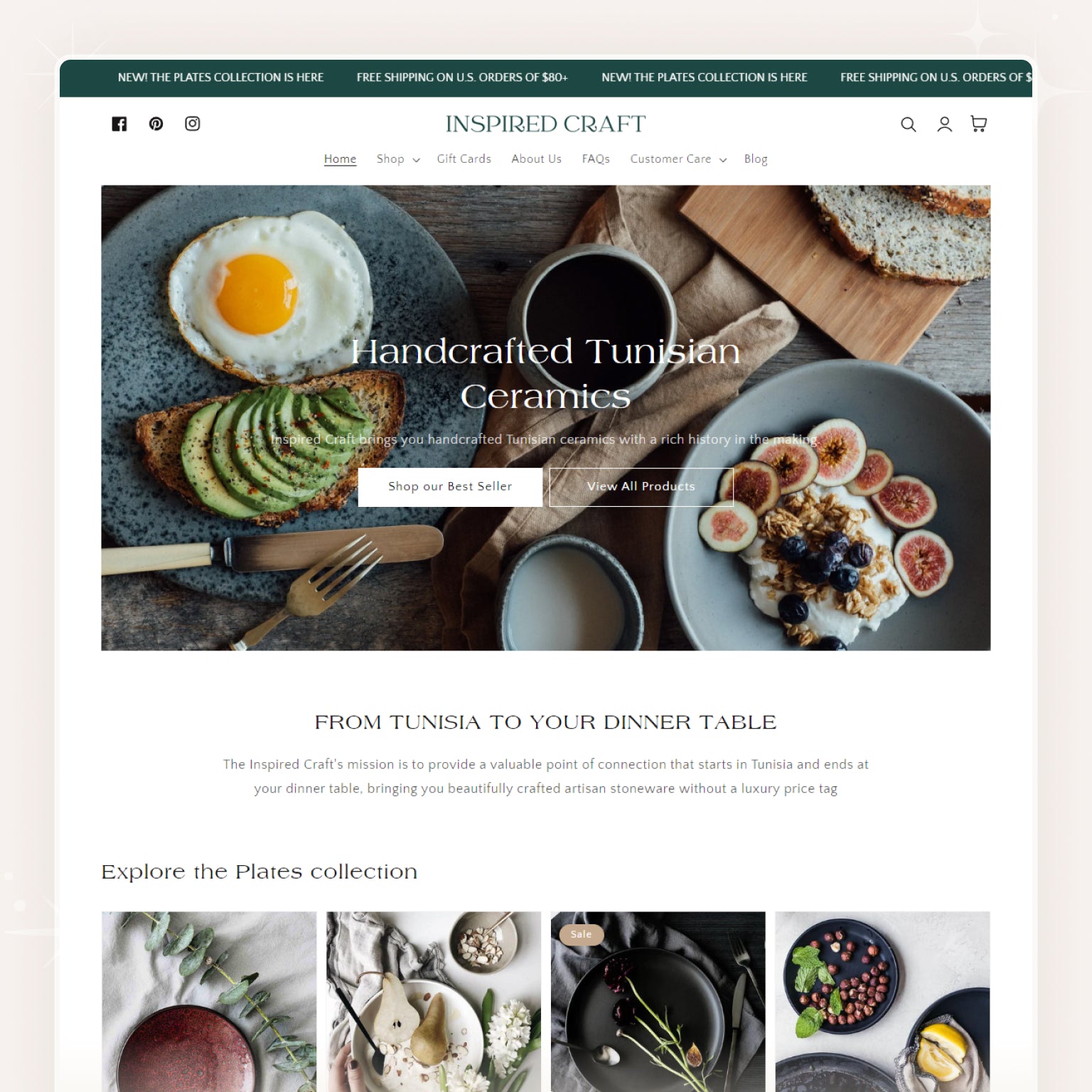 Shopify theme demo for a handmade ceramics and homeware store called Inspired Craft, featuring artisan Tunisian tableware with food photography, the headline “Handcrafted Tunisian Ceramics,” and a section highlighting the Plates collection.