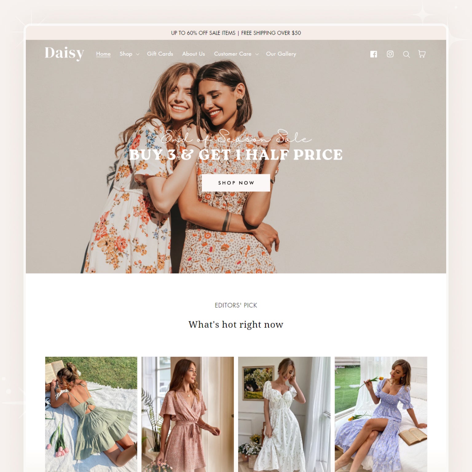 Shopify theme interface for a feminine boutique with clothing items displayed