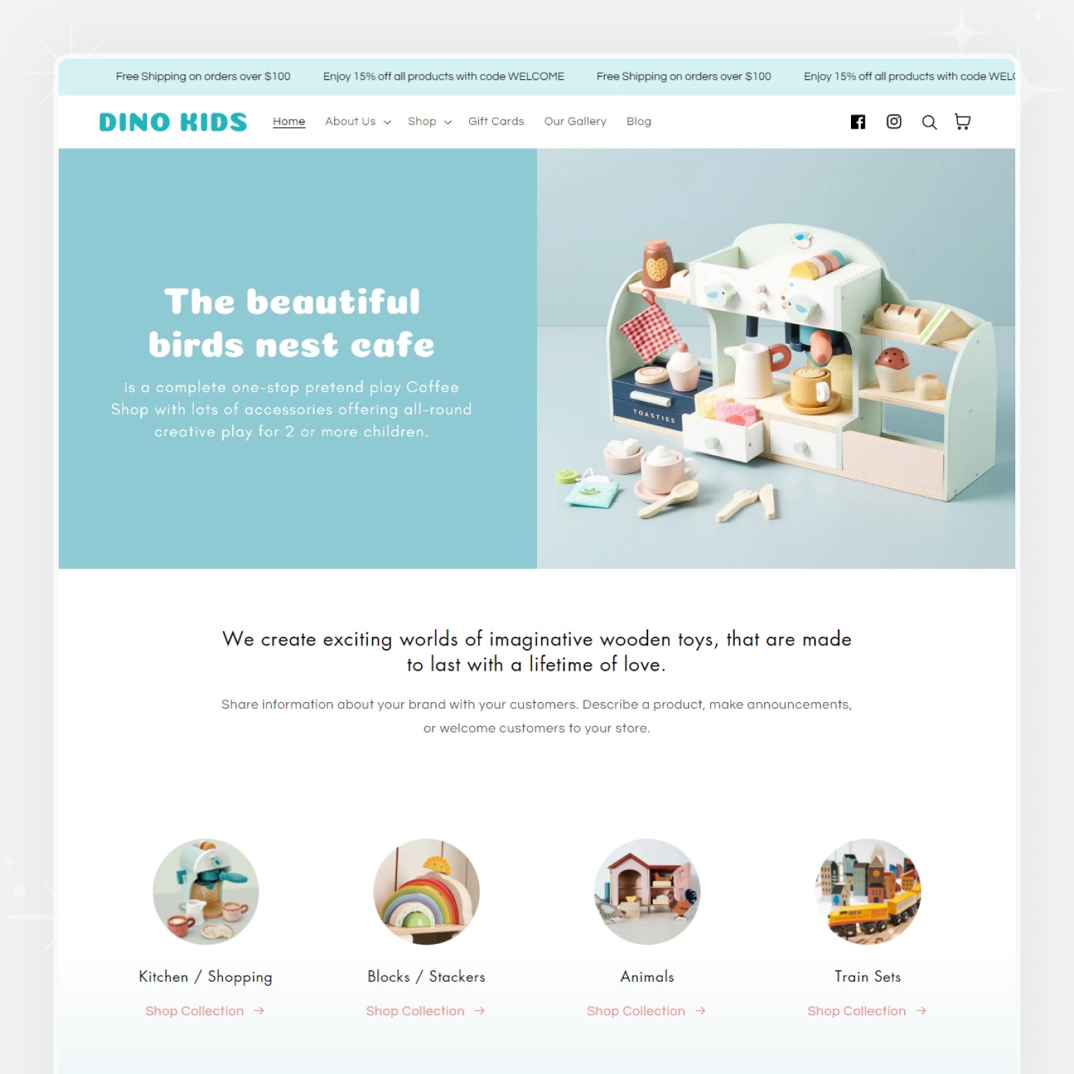 A screenshot of a Shopify theme called Dino Kids, featuring a children's toy store interface with categories such as Kitchen, Books, Toys, and more.