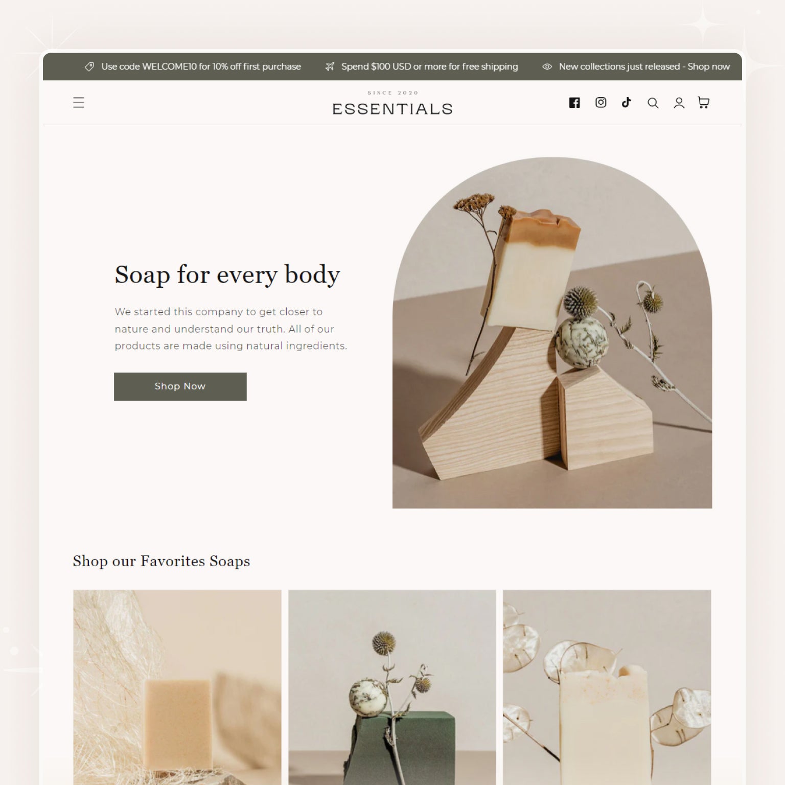 Shopify theme display showcasing a health and beauty store interface with categories and a product highlighted, presented in a clean and minimalist design.