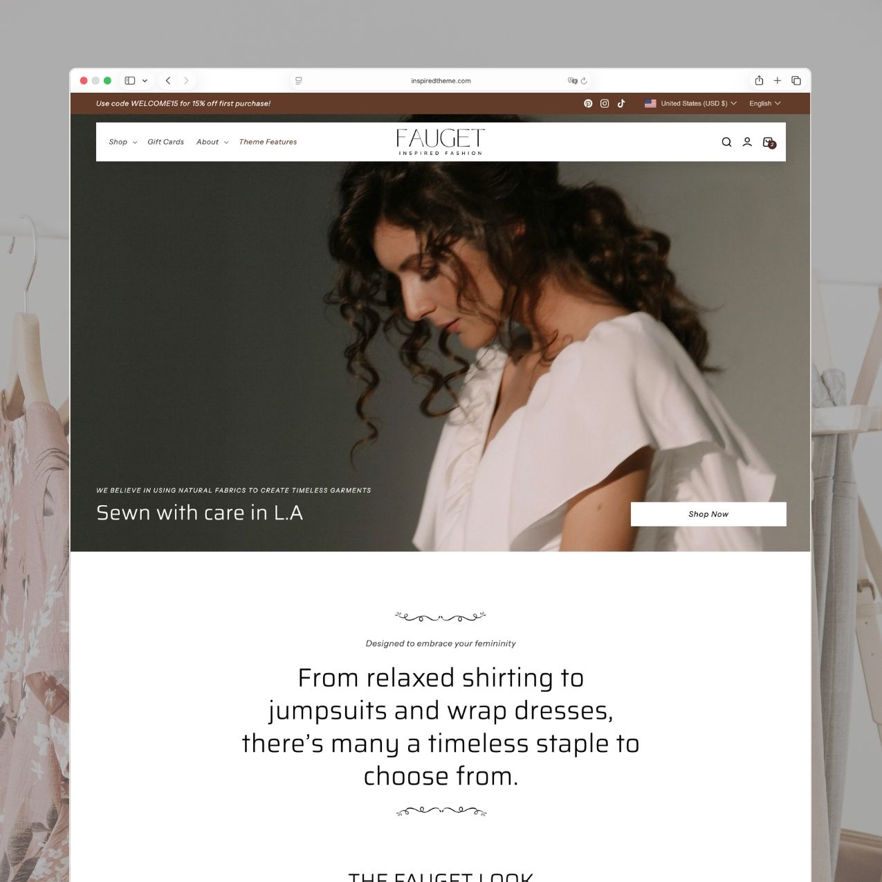 Fauget Shopify theme homepage for a timeless women's fashion brand with warm brown header accents, full-screen hero image of a model in natural fabrics, 'Sewn with care in L.A' headline, and brand description about relaxed shirting and wrap dresses