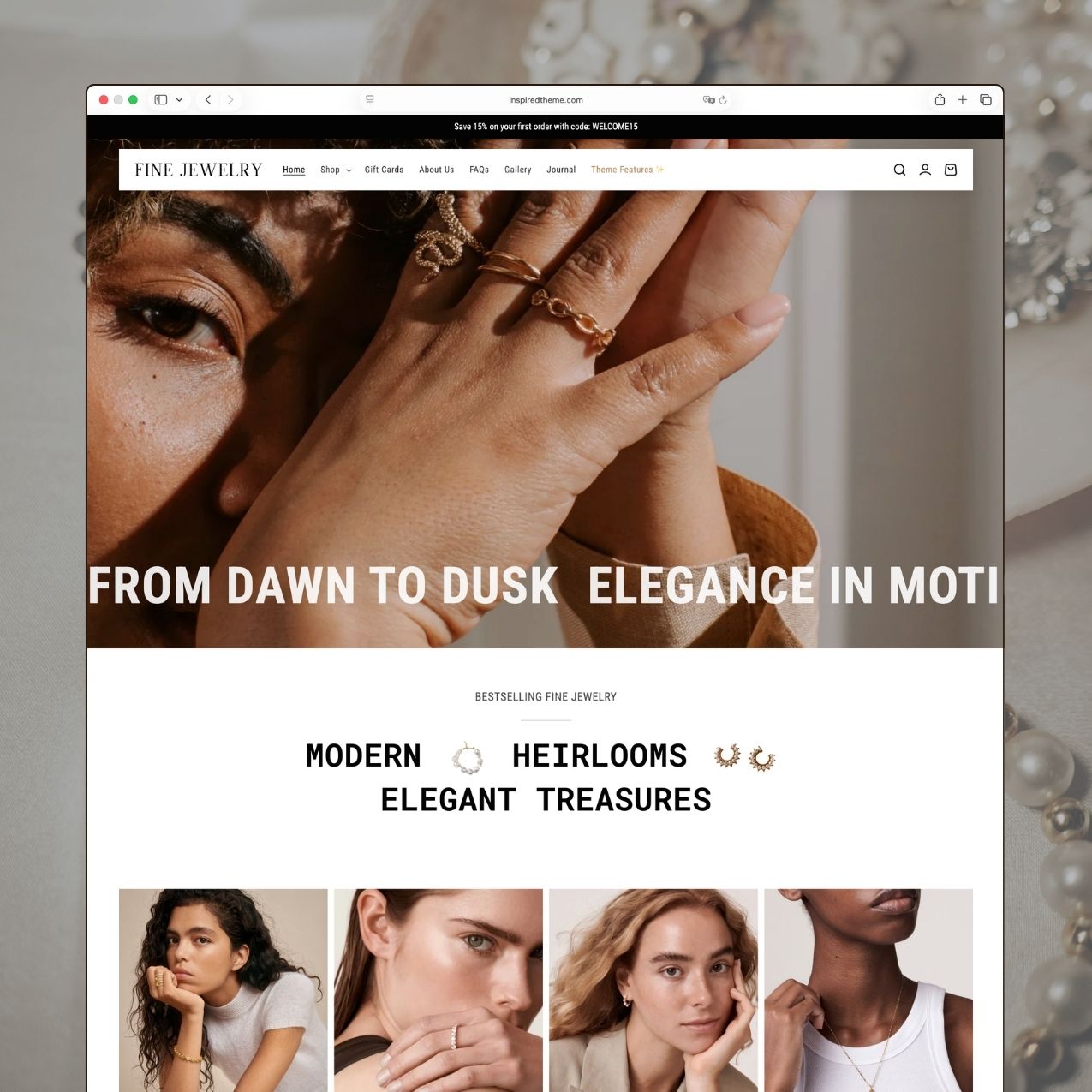 Fine Jewelry Shopify theme homepage for a fine jewelry and accessories brand with bold editorial design, close-up hero imagery of jewelry pieces, dark sophisticated color palette with gold accents, and curated collections