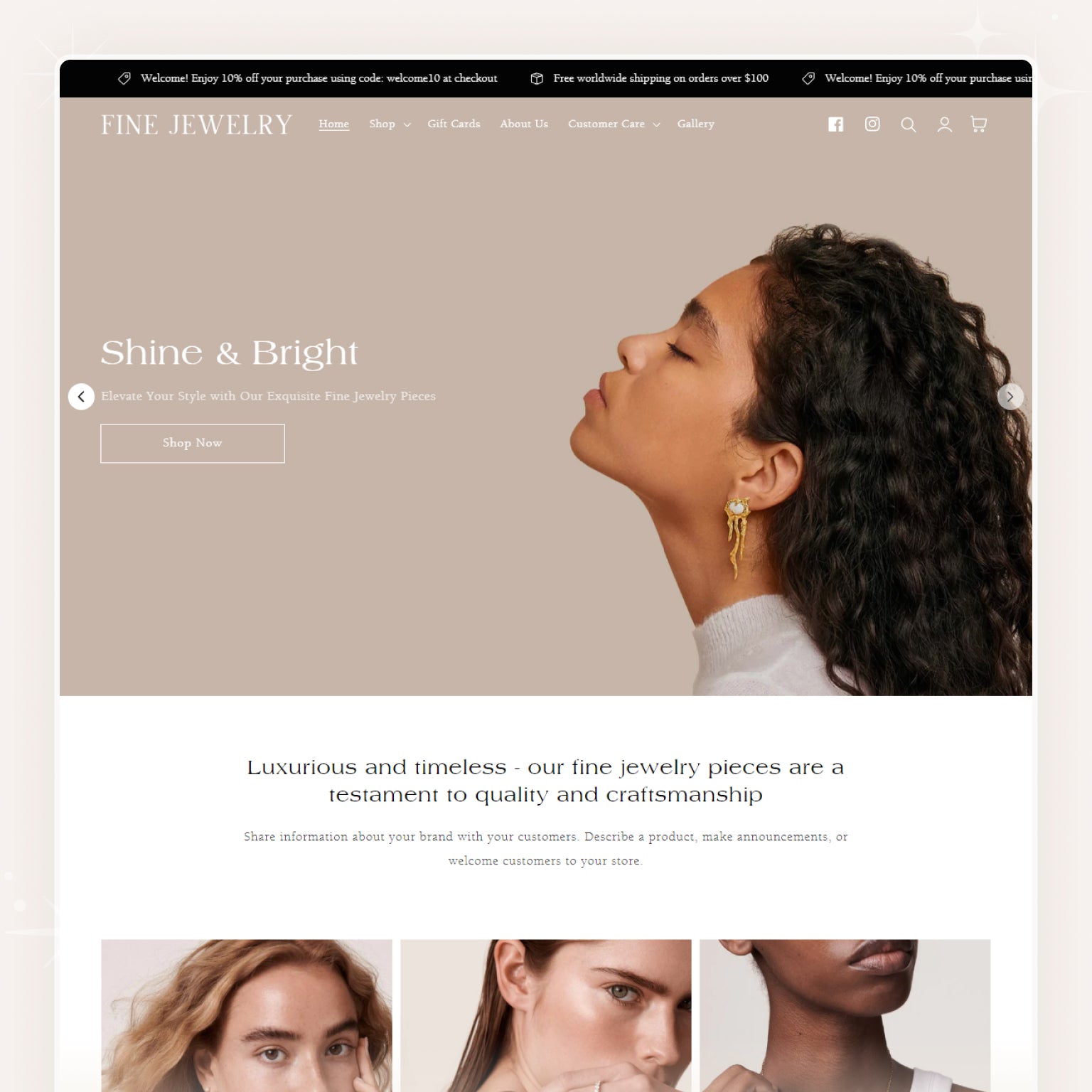 Shopify theme showcase featuring a jewelry store's landing page with images of jewelry and a brief description.