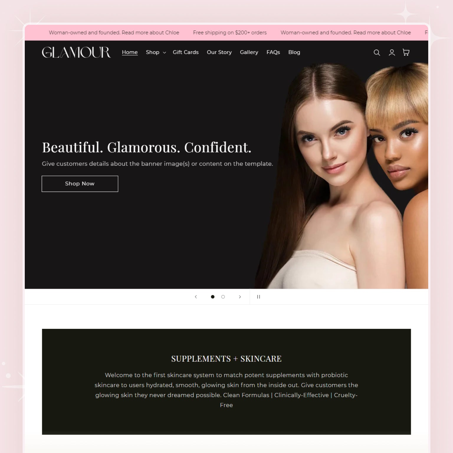 Shopify theme demo for a beauty and skincare brand called Glamour, featuring a sleek black layout, banner with models, headline “Beautiful. Glamorous. Confident.”, and sections promoting skincare and supplement products.