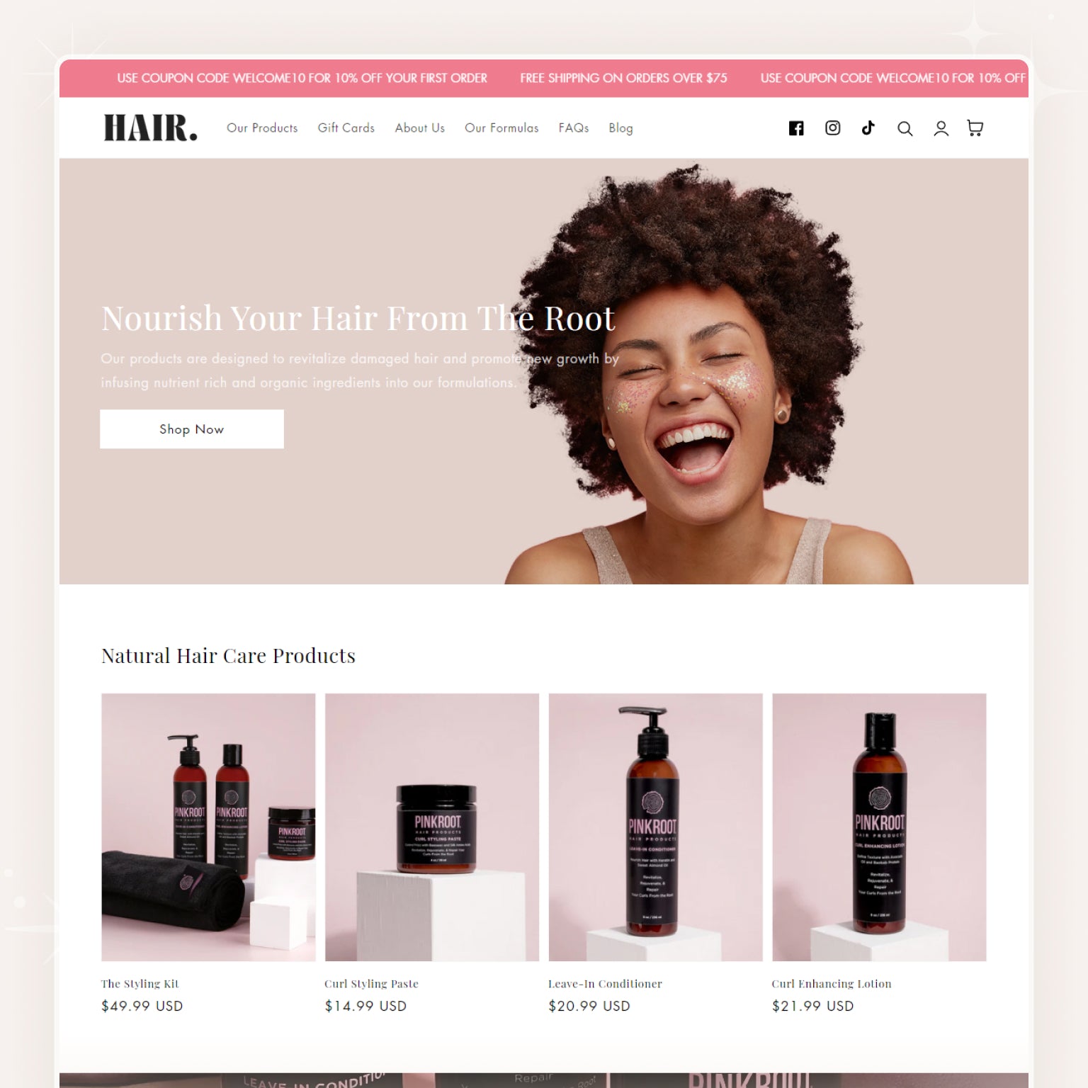 Shopify theme showcase featuring a header image with a smiling woman and various hair care products below.