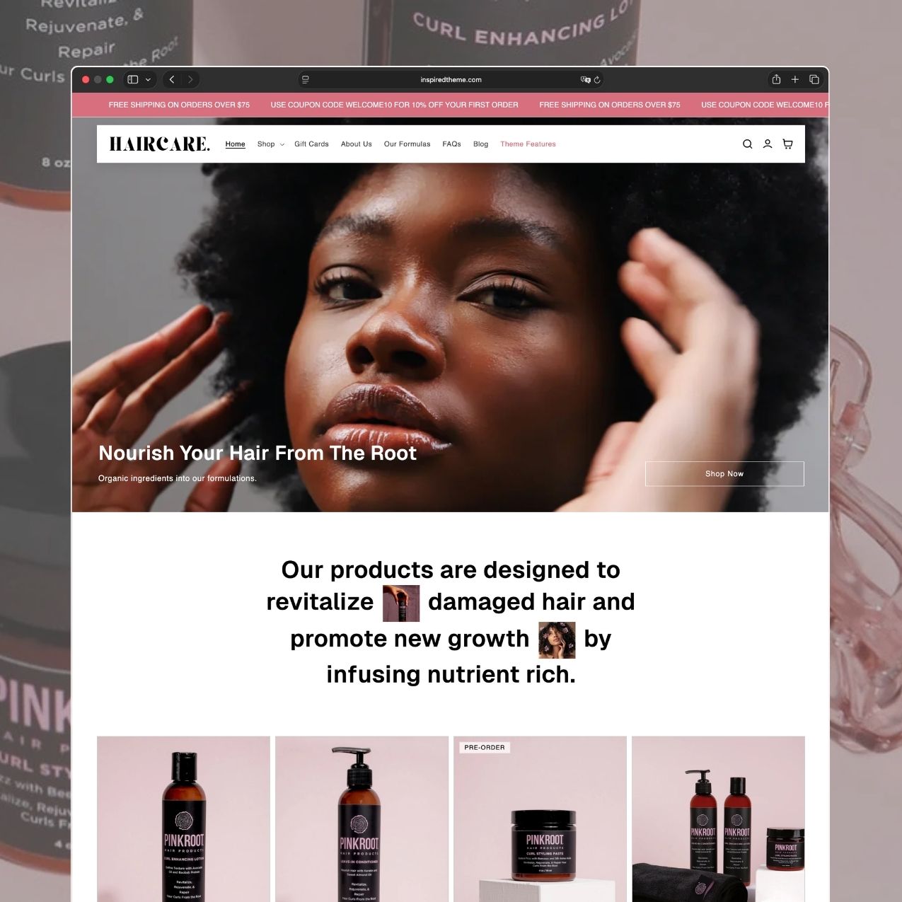 Haircare Shopify theme homepage for a natural hair care products brand with pink and rose tones, hero image featuring hair care bottles, brand promise section, and curated product collections