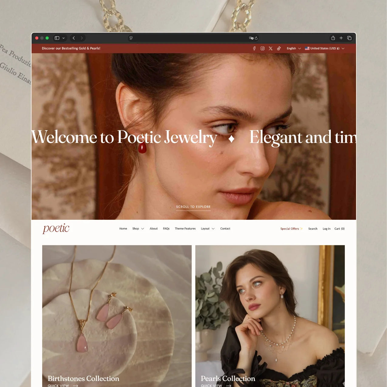 Poetic theme homepage featuring a hero banner with a model wearing gemstone jewelry, scrolling welcome text, and featured collections including Birthstones and Pearls