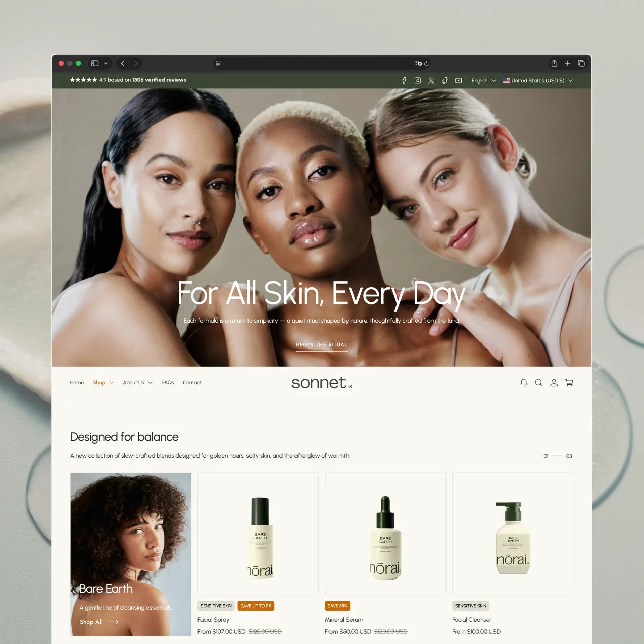 Sonnet theme homepage featuring a "For All Skin, Every Day" banner with diverse models and a product grid showcasing skincare items from the Designed for Balance collection
