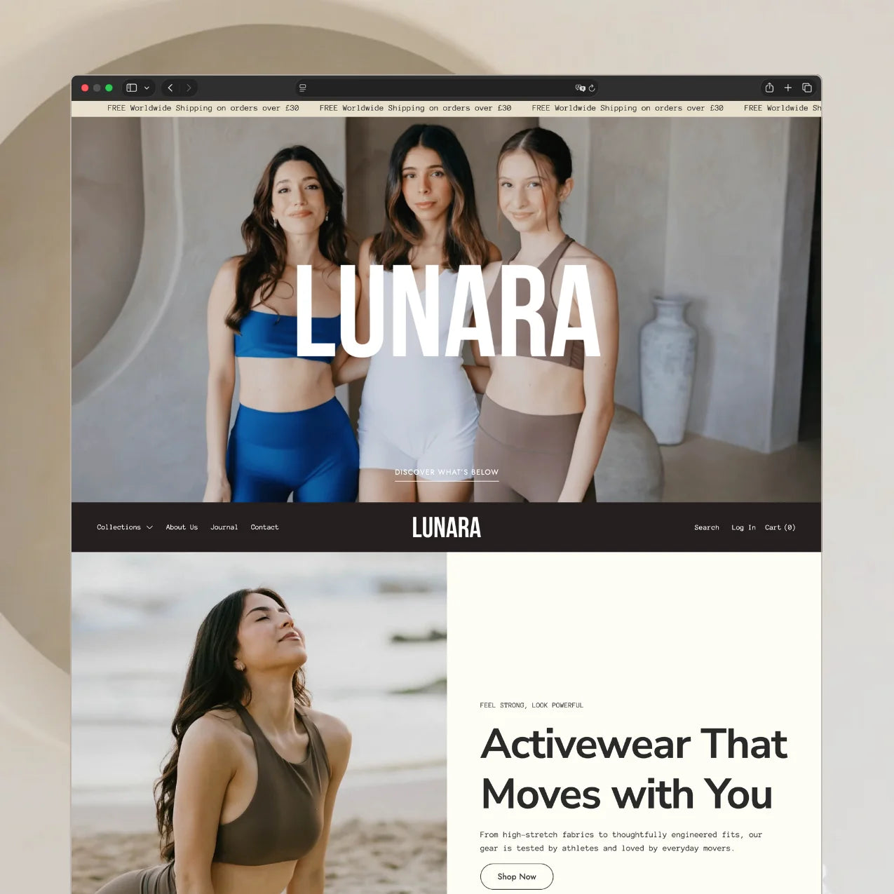 Lunara theme homepage featuring three models in activewear with a bold LUNARA header and an "Activewear That Moves with You" featured section