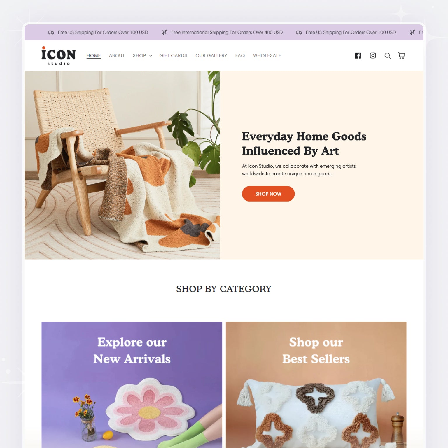 Homepage of Icon Shopify theme for a home decor store, showing a cozy chair with blankets, headline “Everyday Home Goods Influenced By Art,” and category sections for New Arrivals and Best Sellers featuring rugs and pillows.