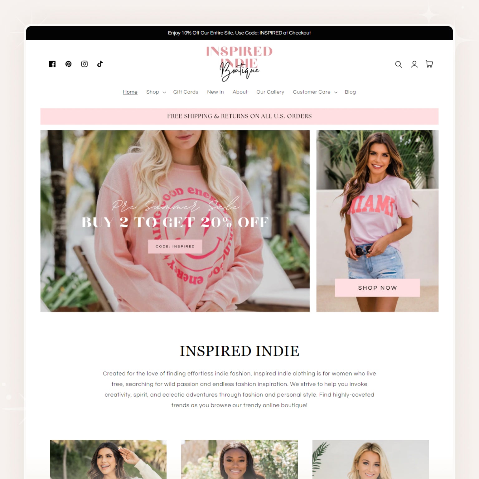 Shopify theme display featuring a pink color palette and feminine design, with images of clothing and a logo.