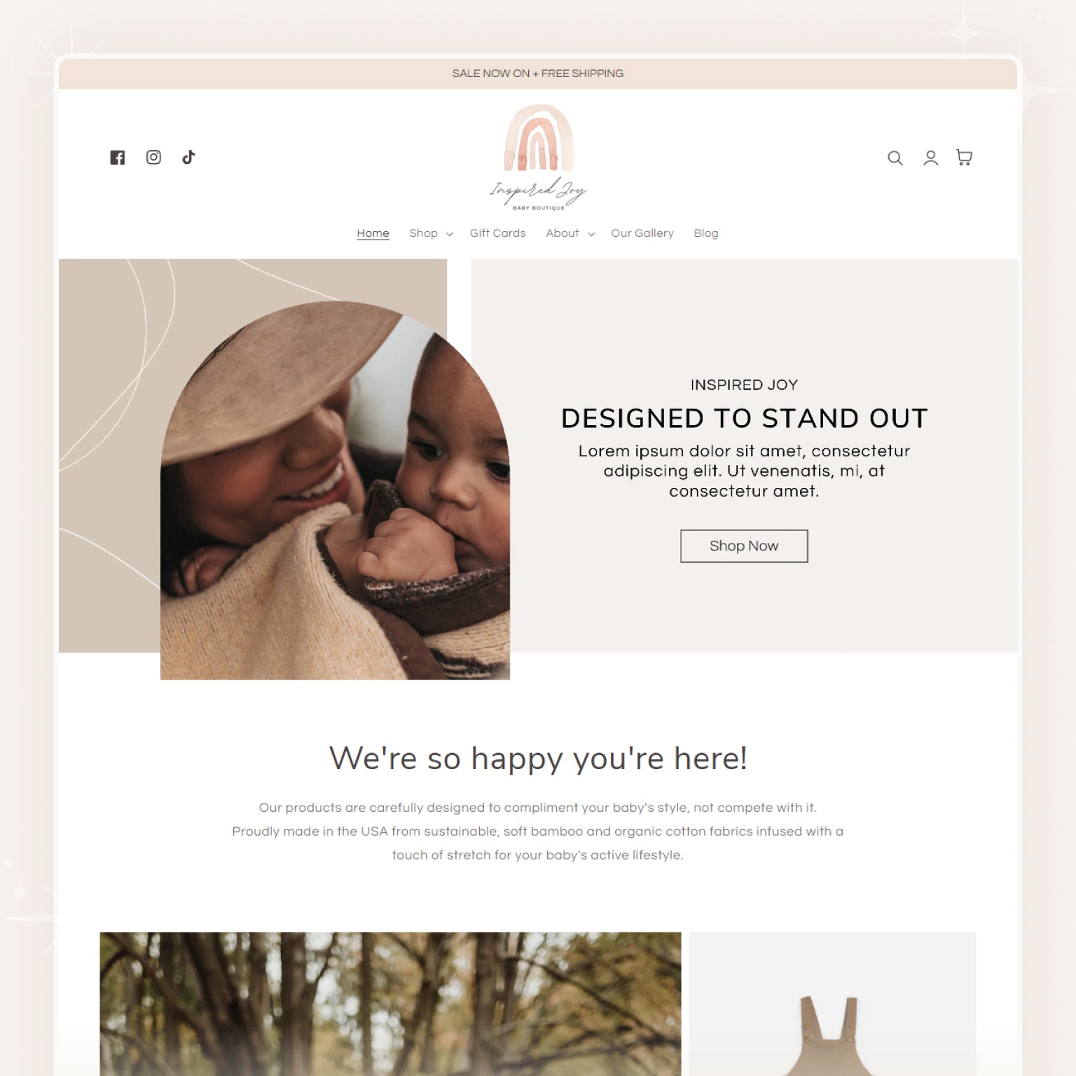 A screenshot of a Shopify theme called 'Joy - Baby Clothes' showcasing a minimal and boho design website layout with images of babies and a theme color palette.