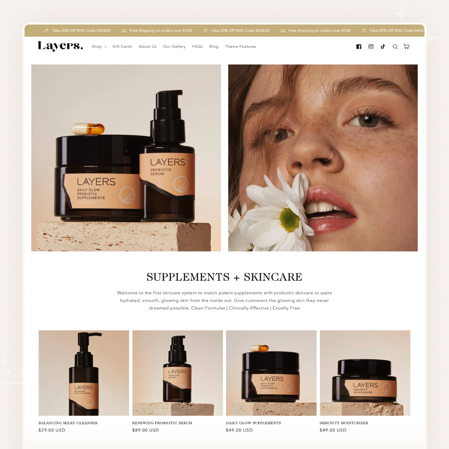 Shopify theme demo for a modern skincare and wellness brand called Layers, featuring minimalist beige packaging for probiotic serums and supplements, lifestyle imagery with natural tones, and a product section highlighting skincare and supplement collections.