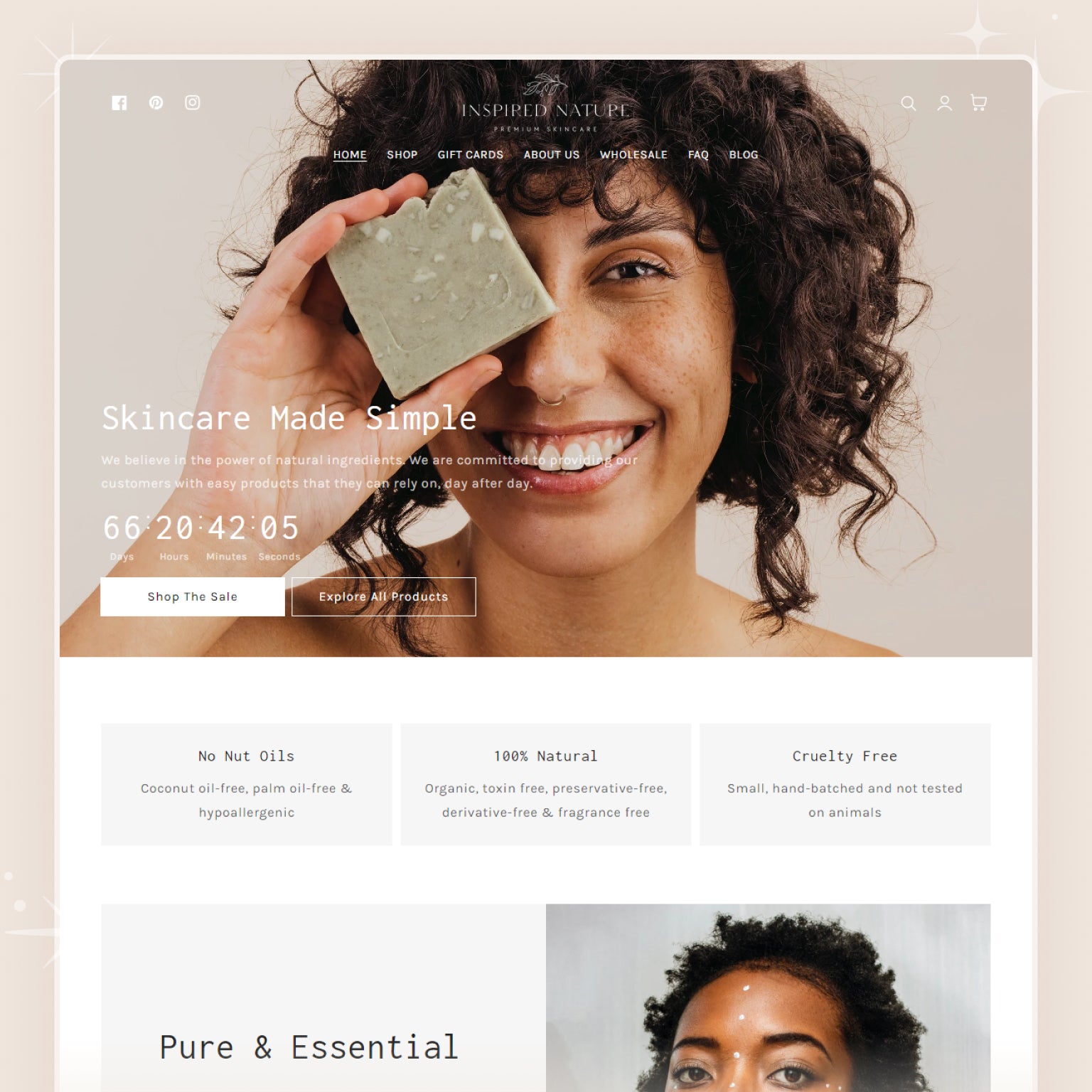 A Shopify theme showcase image featuring a smiling woman holding a bar of skincare product, with text on the page indicating it is a 'Skincare made simple' sample.