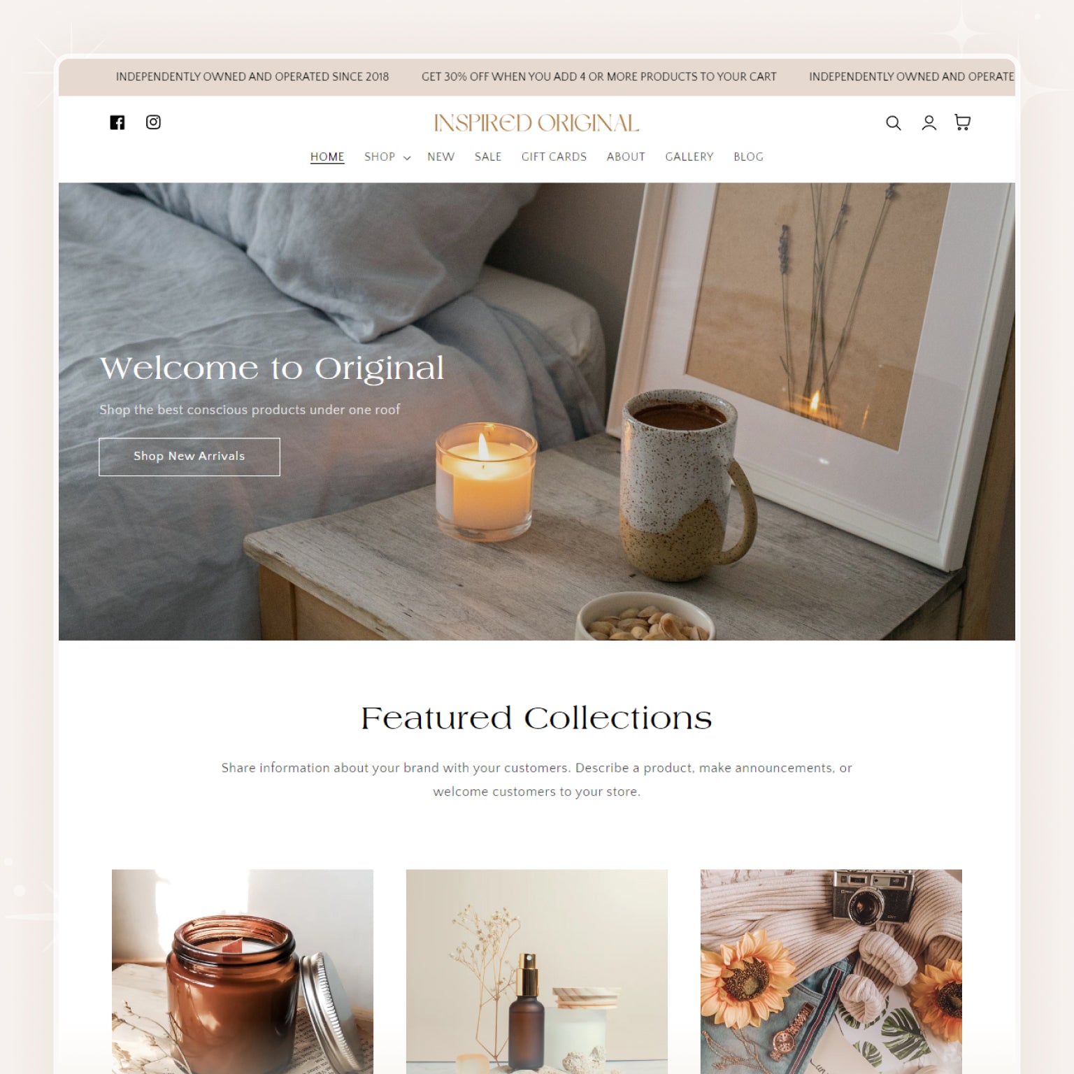 A screenshot of a Shopify theme showcasing a minimalistic and aesthetic design with featured collections of products including a candle and home decor.