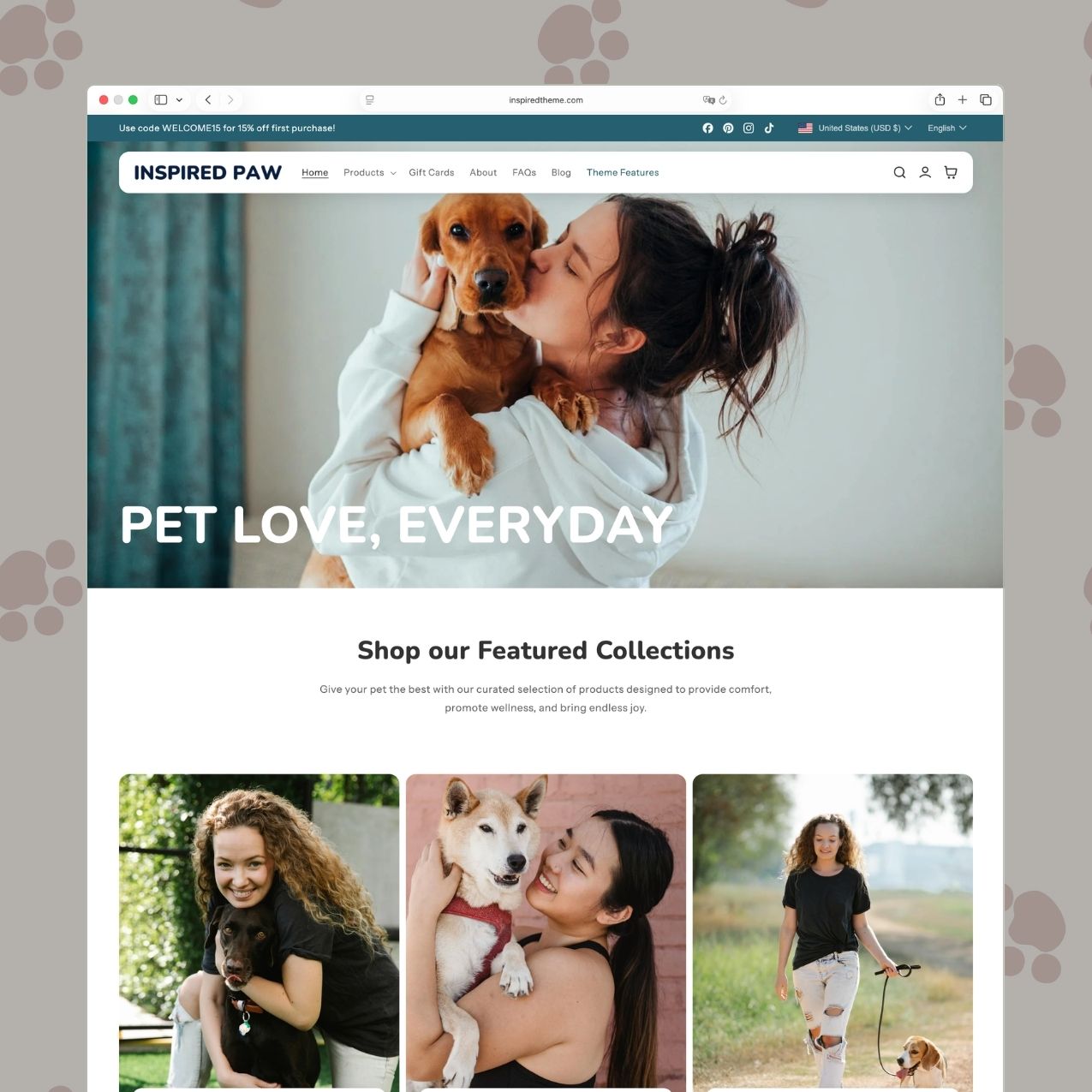 Paw Shopify theme homepage for a pet accessories brand with teal and white design, playful paw print background pattern, hero image of a woman kissing a puppy with 'Pet Love, Everyday' headline, featured collections with pet owner lifestyle photos