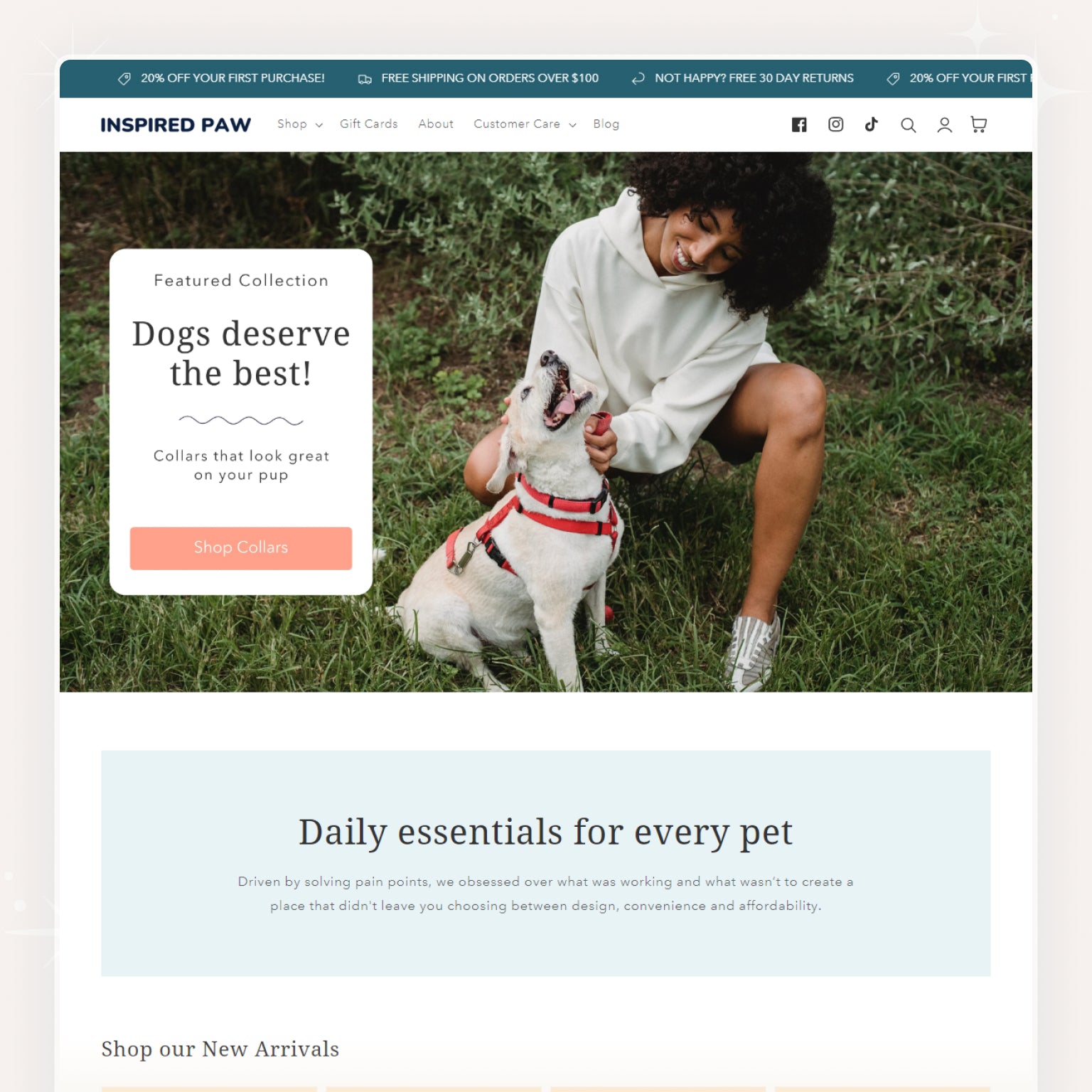 Shopify theme display featuring a pet supplies store interface with a banner image of a person petting a dog on grass.