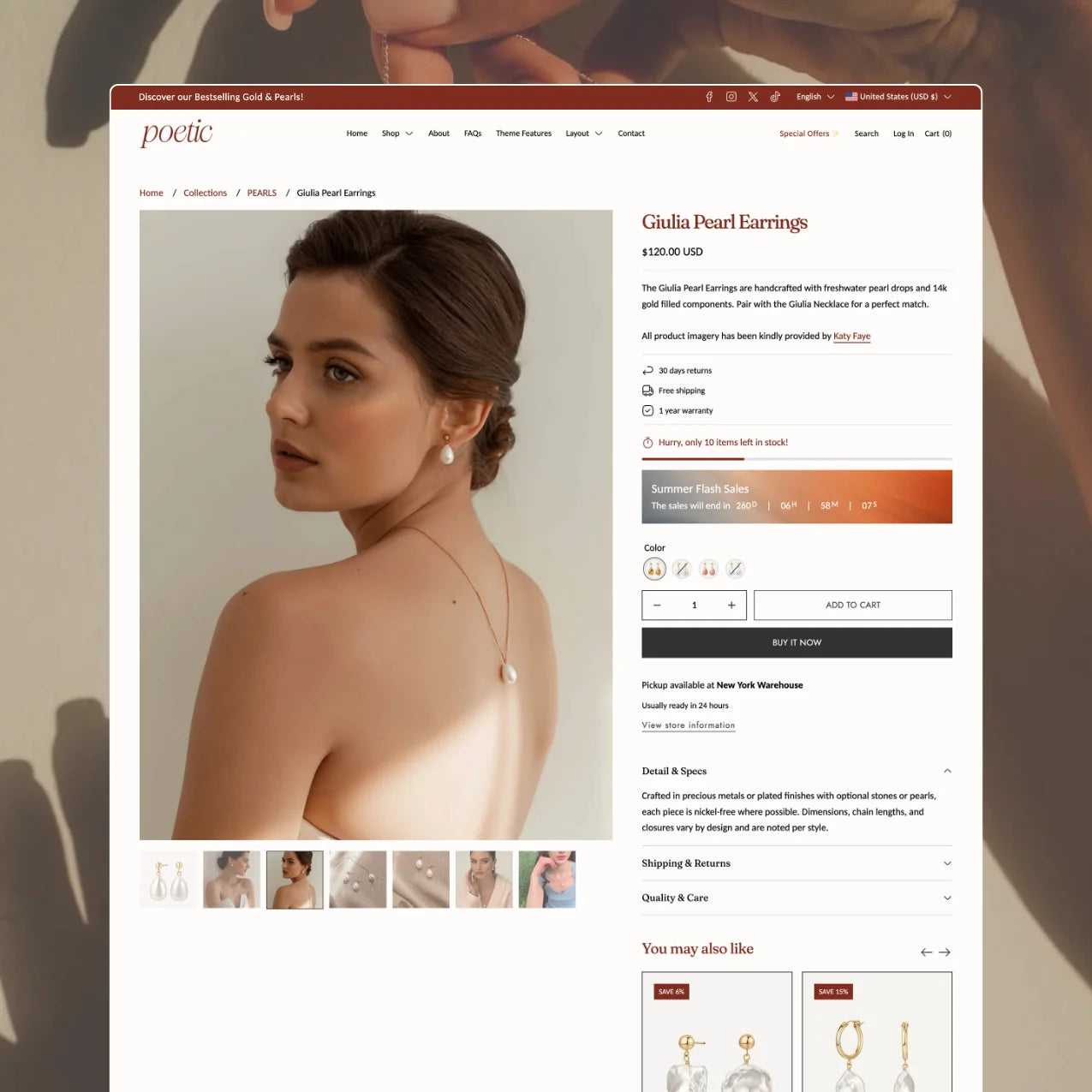 Poetic theme product page displaying Giulia Pearl Earrings with a model photo, pricing, product details, and a You May Also Like section