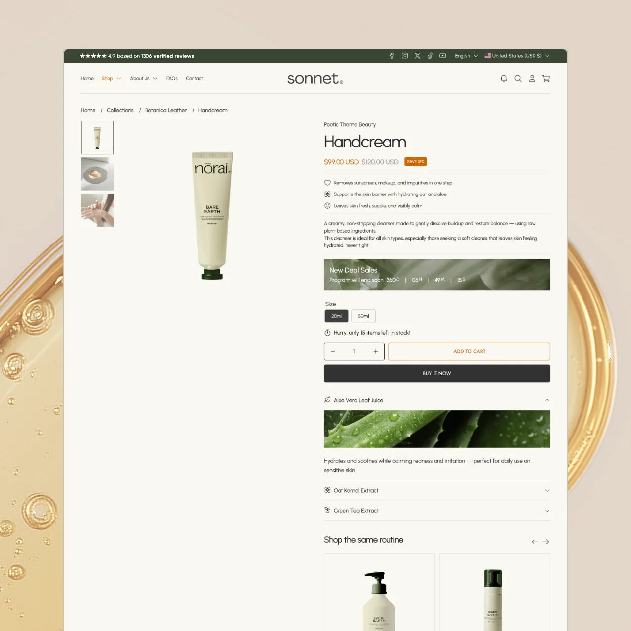 Sonnet theme product page displaying a Handcream with product photos, key benefits, a bundling option, and a Shop the Same Routine section