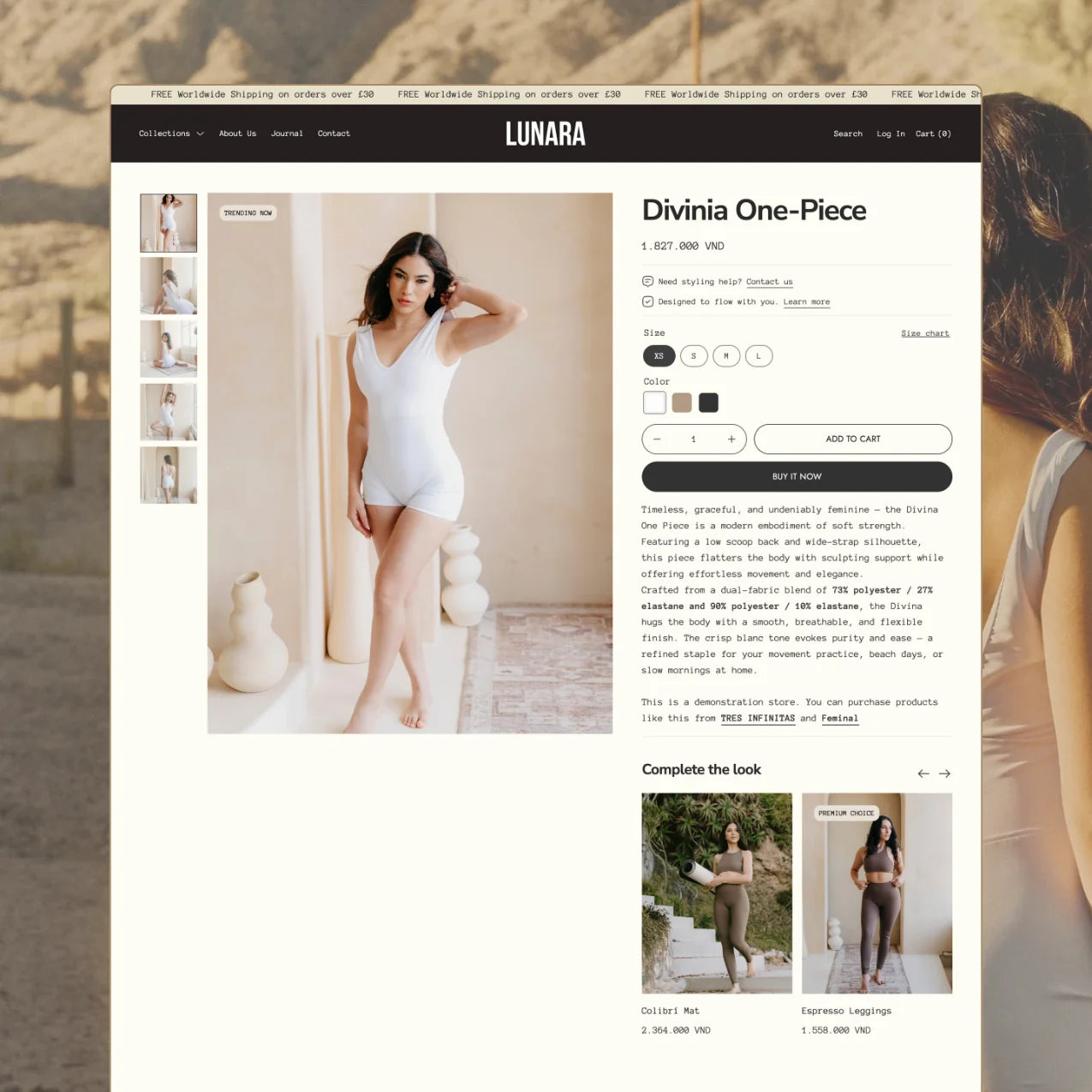 Lunara theme product page displaying a Divinia One-Piece with multiple model photos, color swatches, and a Complete the Look section