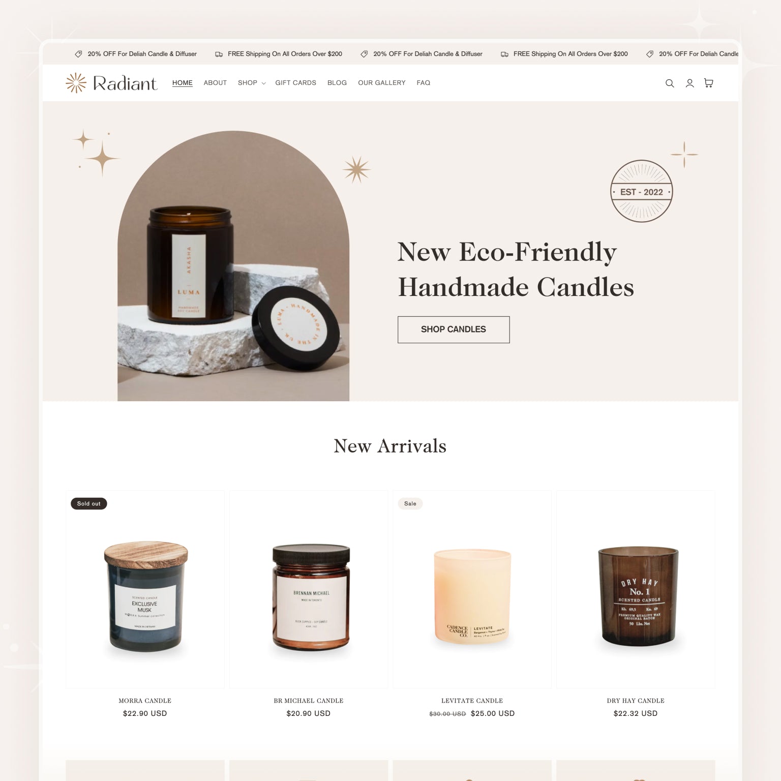 Shopify theme interface for candle products, featuring a header image of eco-friendly handmade candles and a section showcasing new arrivals with various candle designs.
