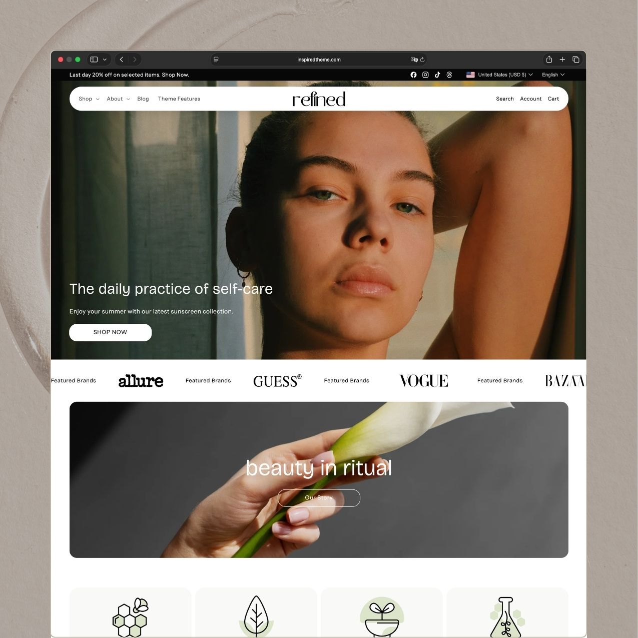 Refined Shopify theme homepage for a premium self-care and skincare brand with elegant beige and green tones, hero image of a woman with 'The daily practice of self-care' headline, featured brand logos marquee, 'beauty in ritual' video banner, and trust badges for vegan, natural, organic, and chemical-free