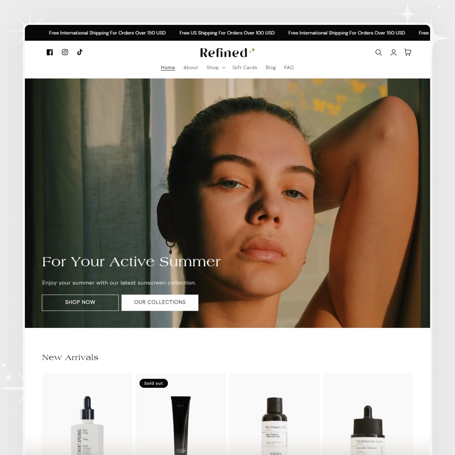 Shopify theme showcase homepage featuring a cosmetics brand with an elegant and clean layout, compatible with Shopify's Online Store 2.0.