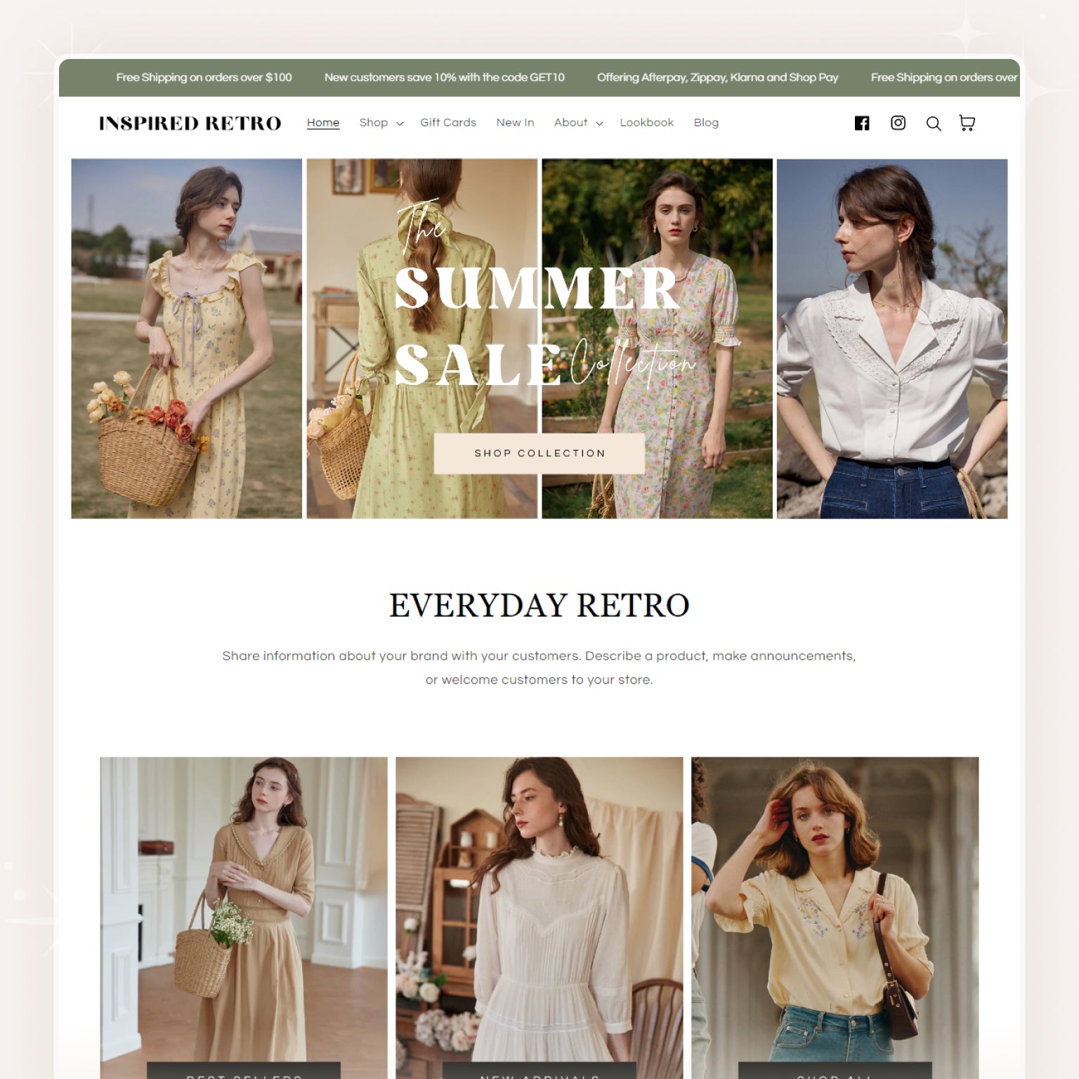 A screenshot of a Shopify theme called 'Retro - Vintage Clothing' showing a responsive layout with multiple sections for a vintage clothing store.