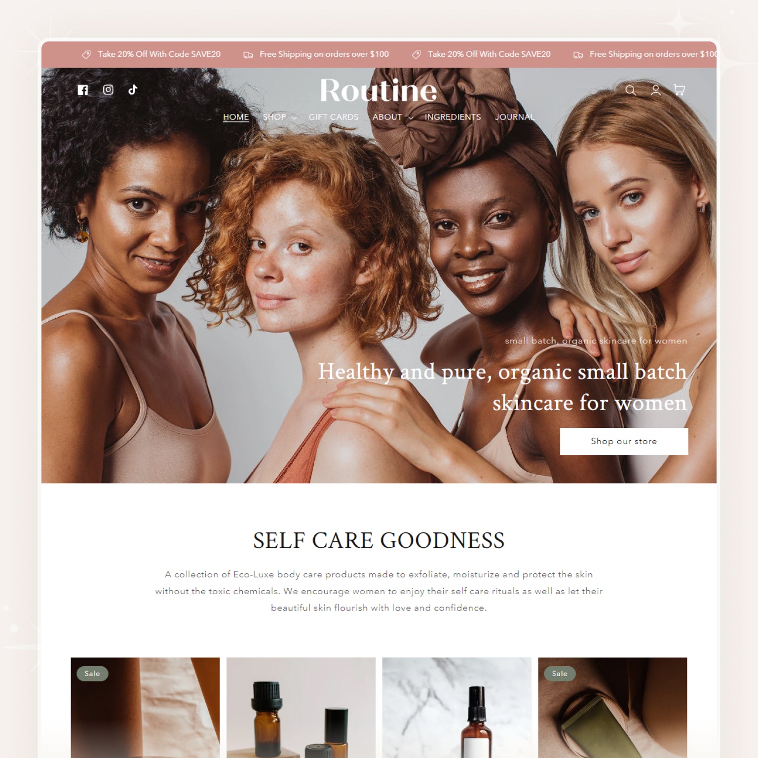 A screenshot of the Routine Beauty Skincare Shopify Theme, displaying a group of diverse women with a banner showcasing healthy and pure organic small batch skincare for women.
