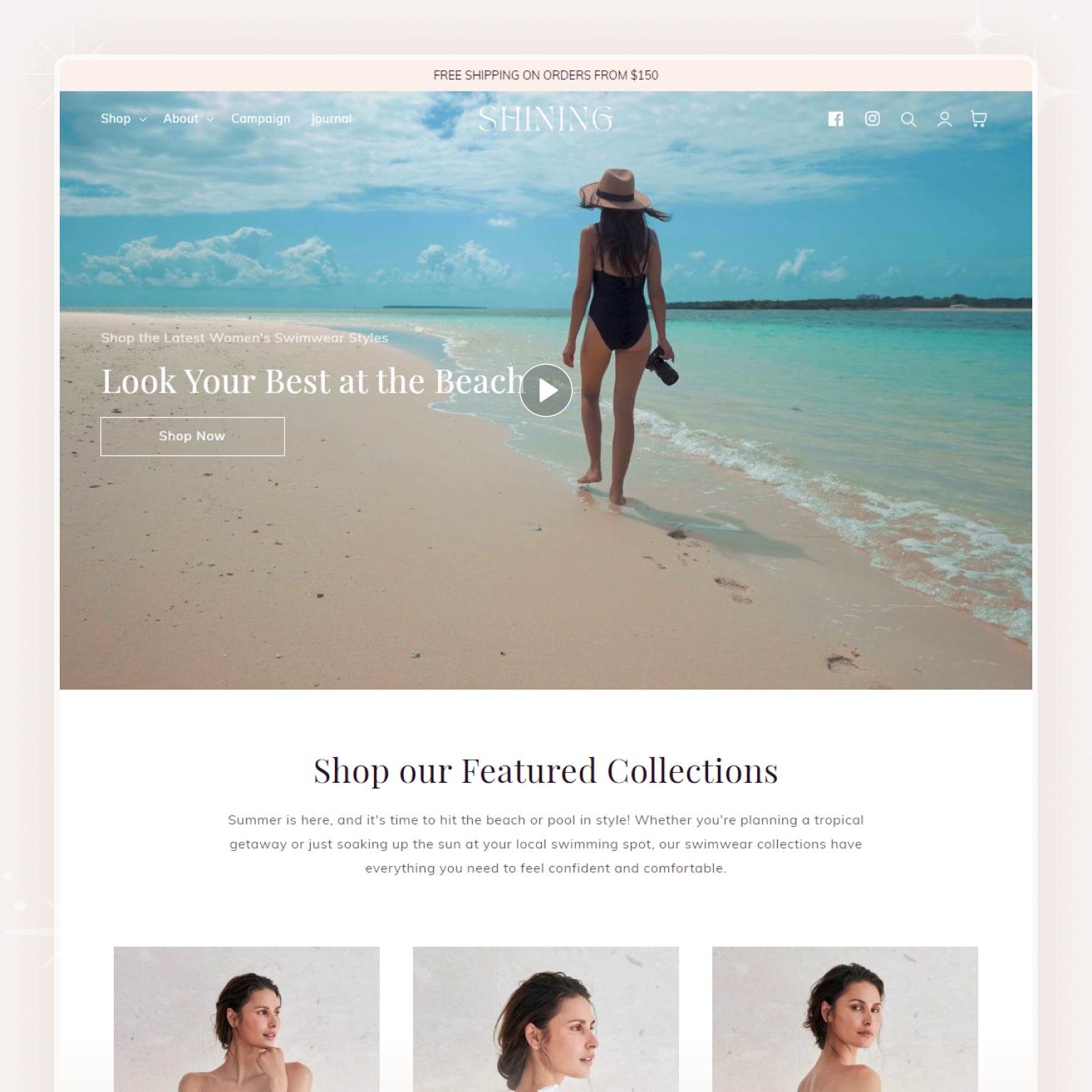 Shopify theme showcase page featuring a woman in a swimsuit walking on the beach, with sections for shopping featured collections.