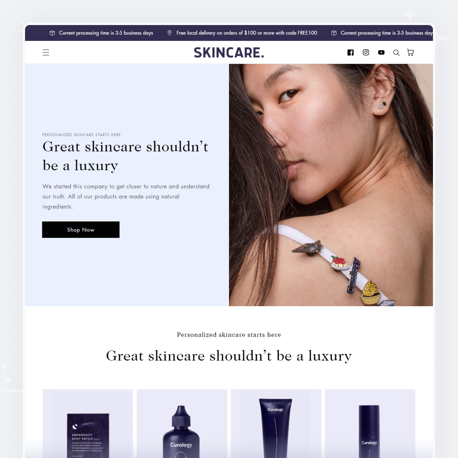 Shopify theme interface for a skincare business, featuring a header image of a woman looking pensively to the side, with a section below her displaying skincare products.